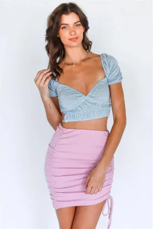 Blue & White Knit Back Lace Down Short Balloon Sleeve Crop Top /3-2-1