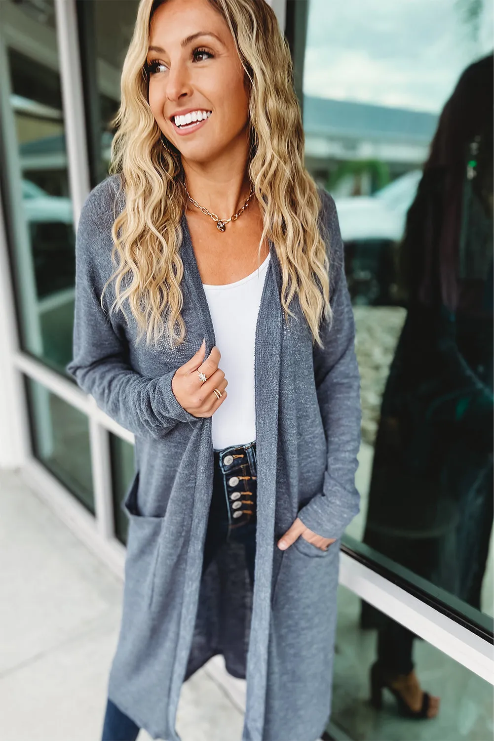 Blue Slub Knit Pocketed Open Front Maxi Cardigan