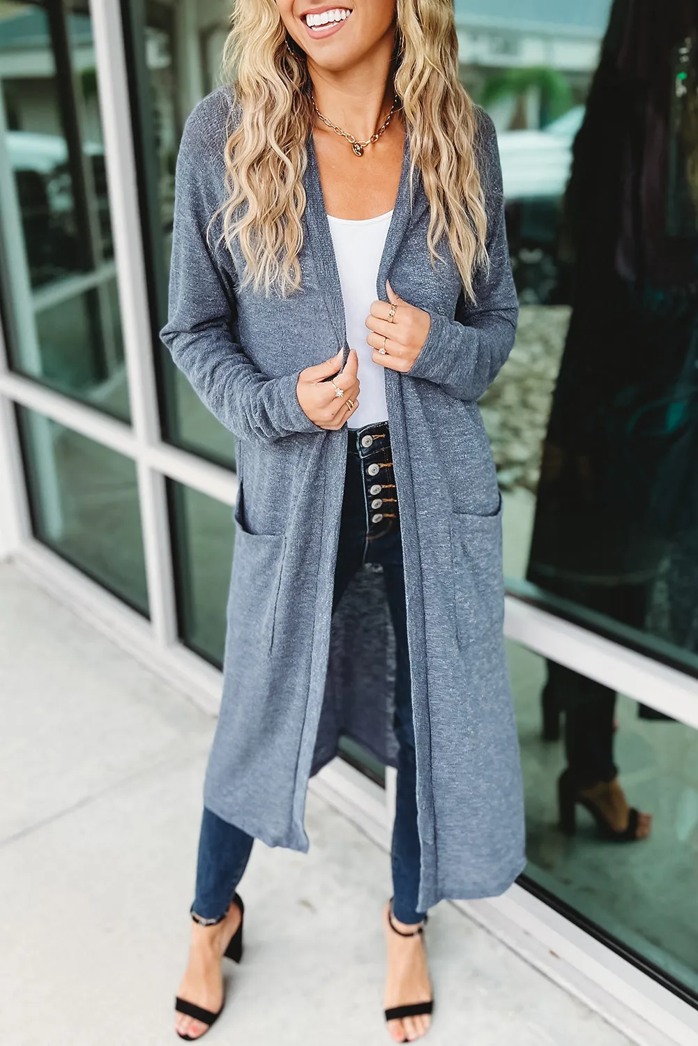 Blue Slub Knit Pocketed Open Front Maxi Cardigan