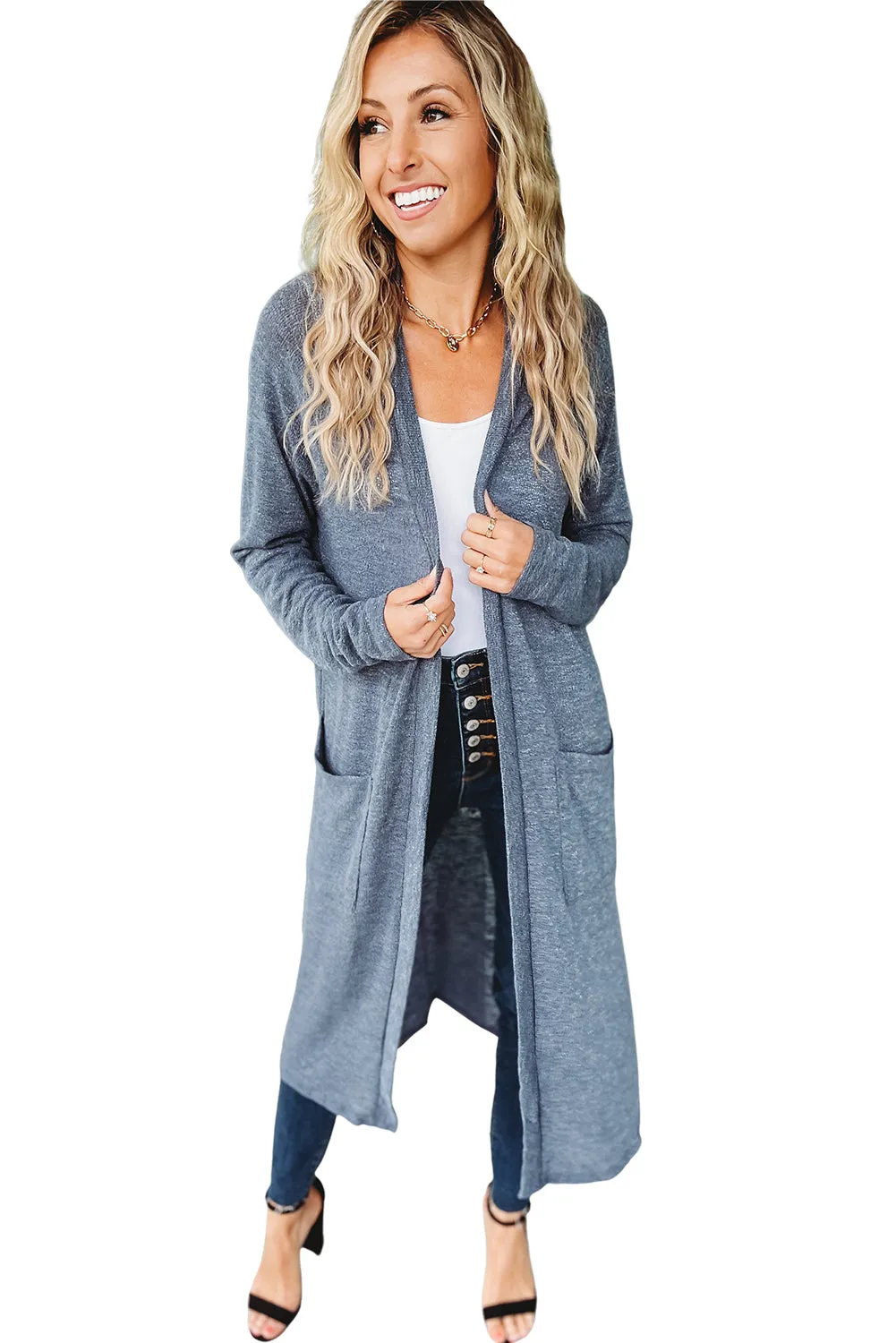 Blue Slub Knit Pocketed Open Front Maxi Cardigan