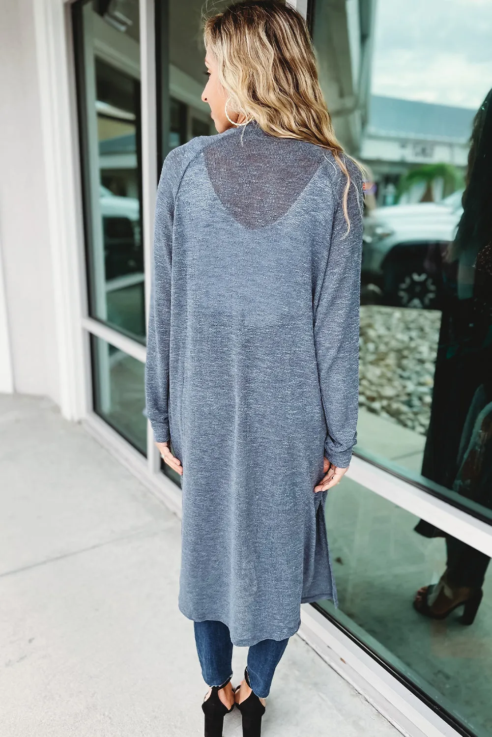 Blue Slub Knit Pocketed Open Front Maxi Cardigan