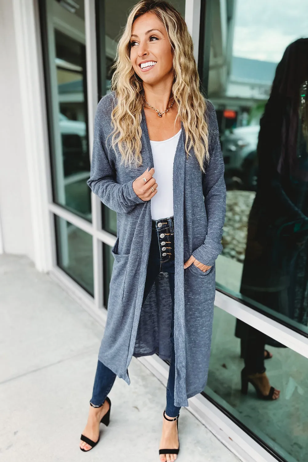 Blue Slub Knit Pocketed Open Front Maxi Cardigan