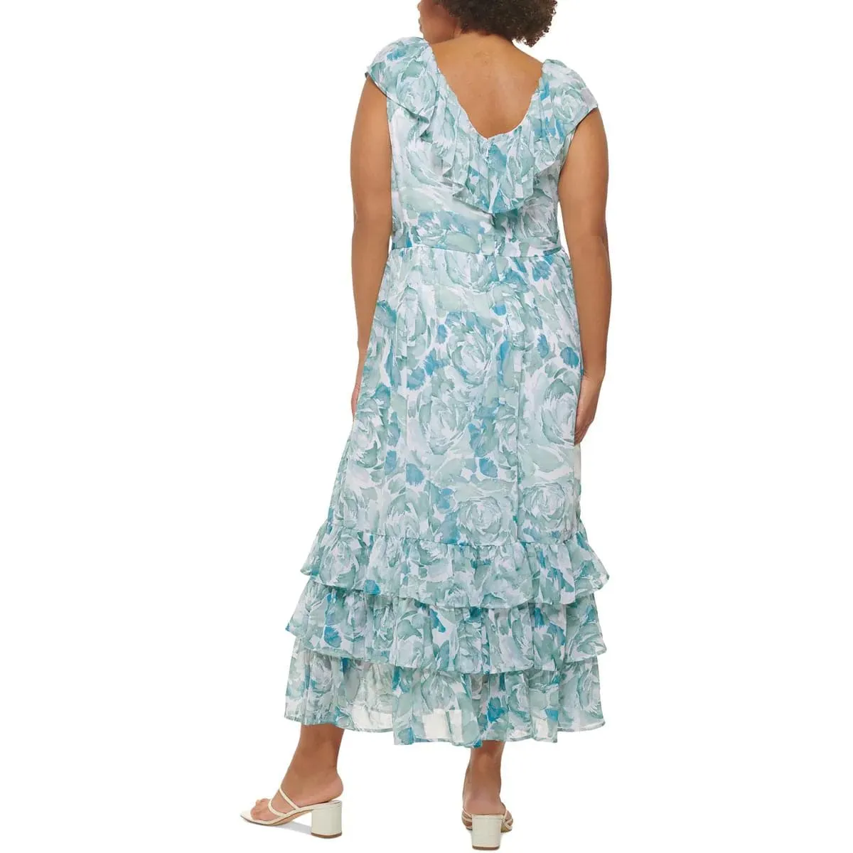 CALVIN KLEIN - Ruffled Sheer Tiered Lined Printed Maxi Dress