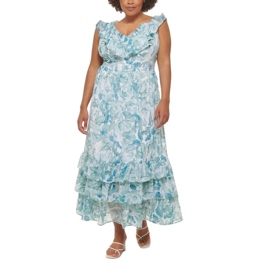CALVIN KLEIN - Ruffled Sheer Tiered Lined Printed Maxi Dress