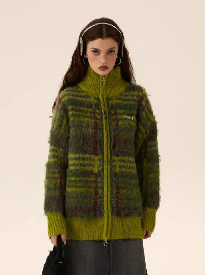 Cropped mohair knit cardigan zipper sweater coat