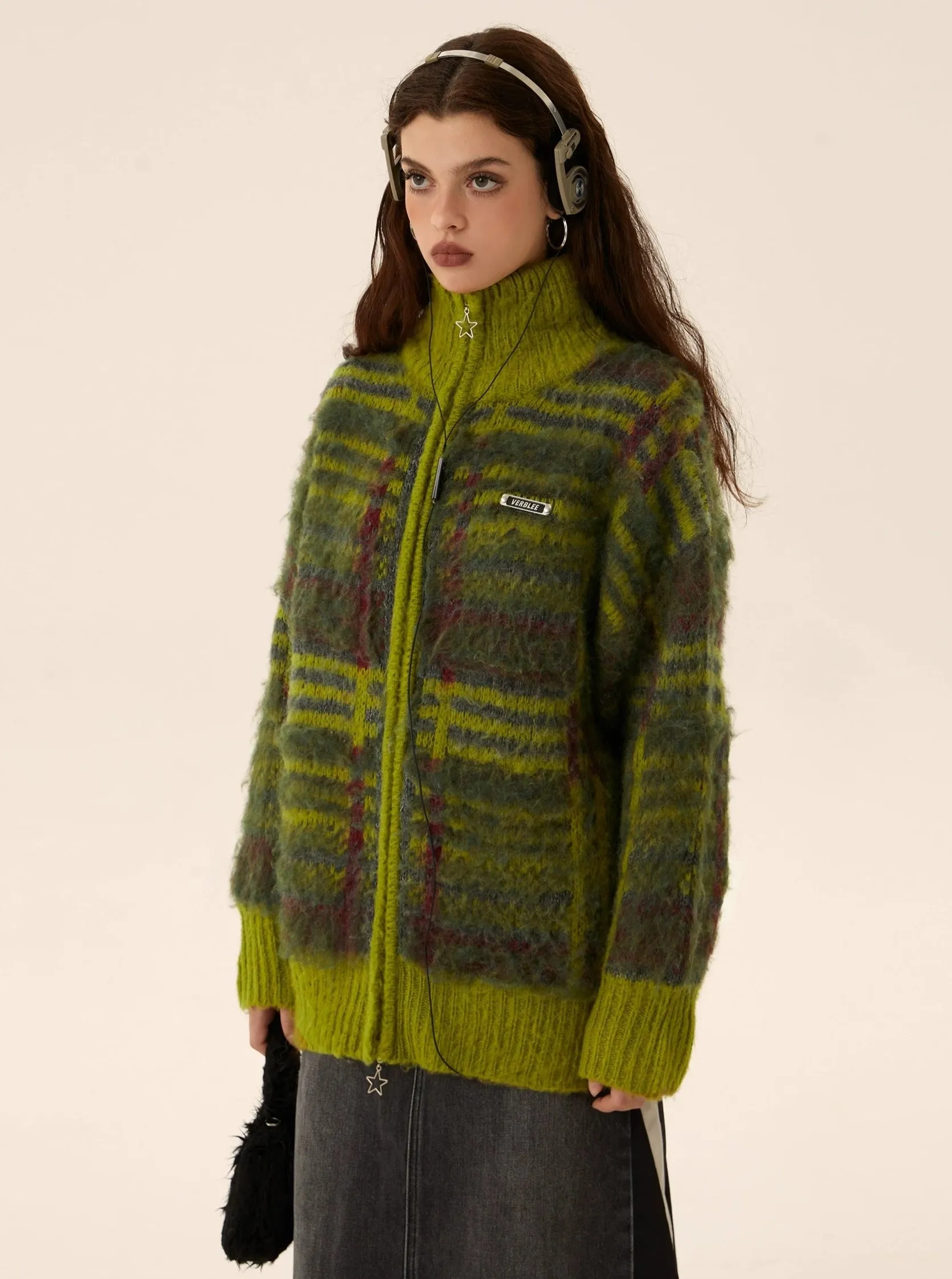 Cropped mohair knit cardigan zipper sweater coat