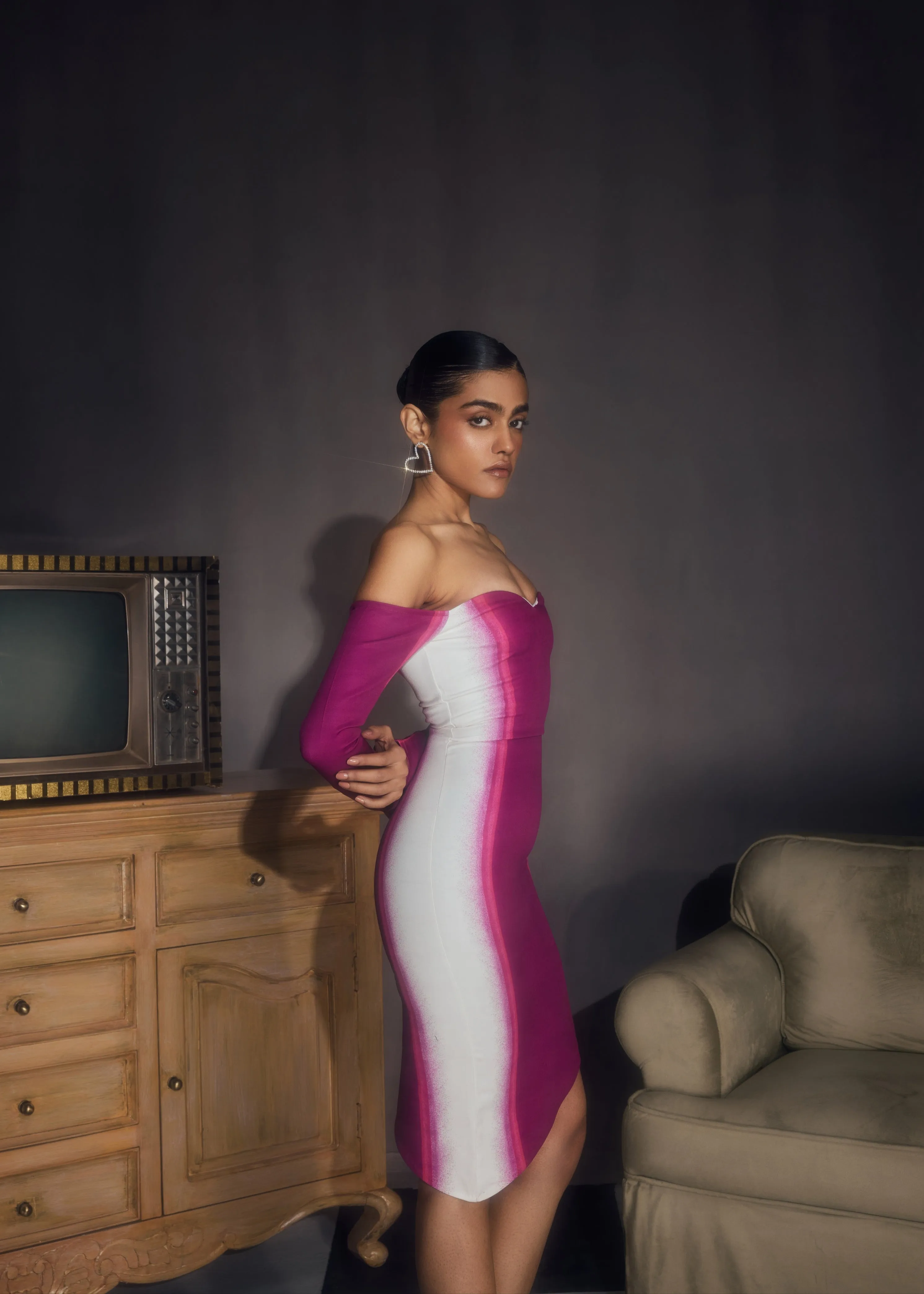 Delilah Pink & White Asymmetric Bodycon Dress