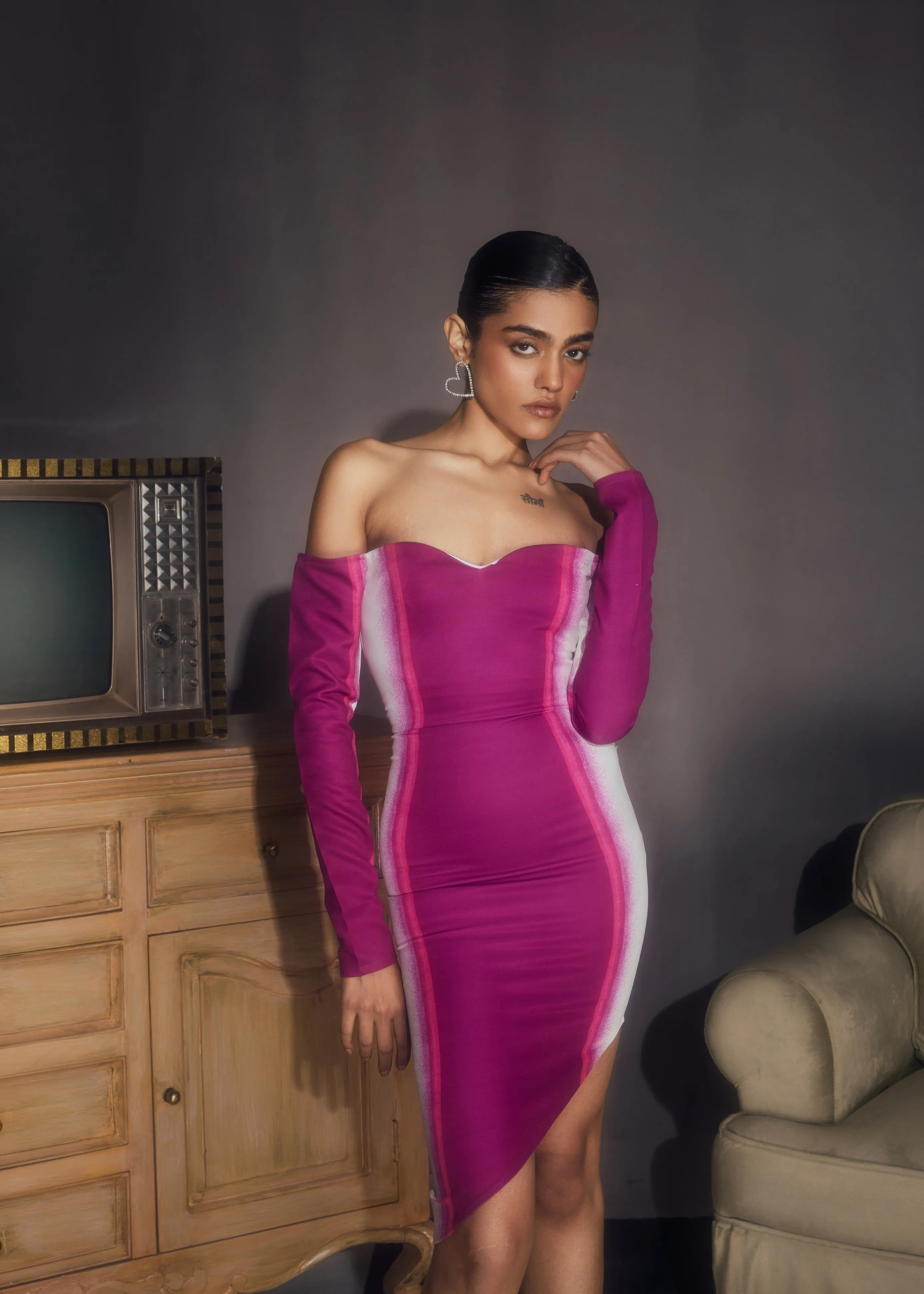 Delilah Pink & White Asymmetric Bodycon Dress