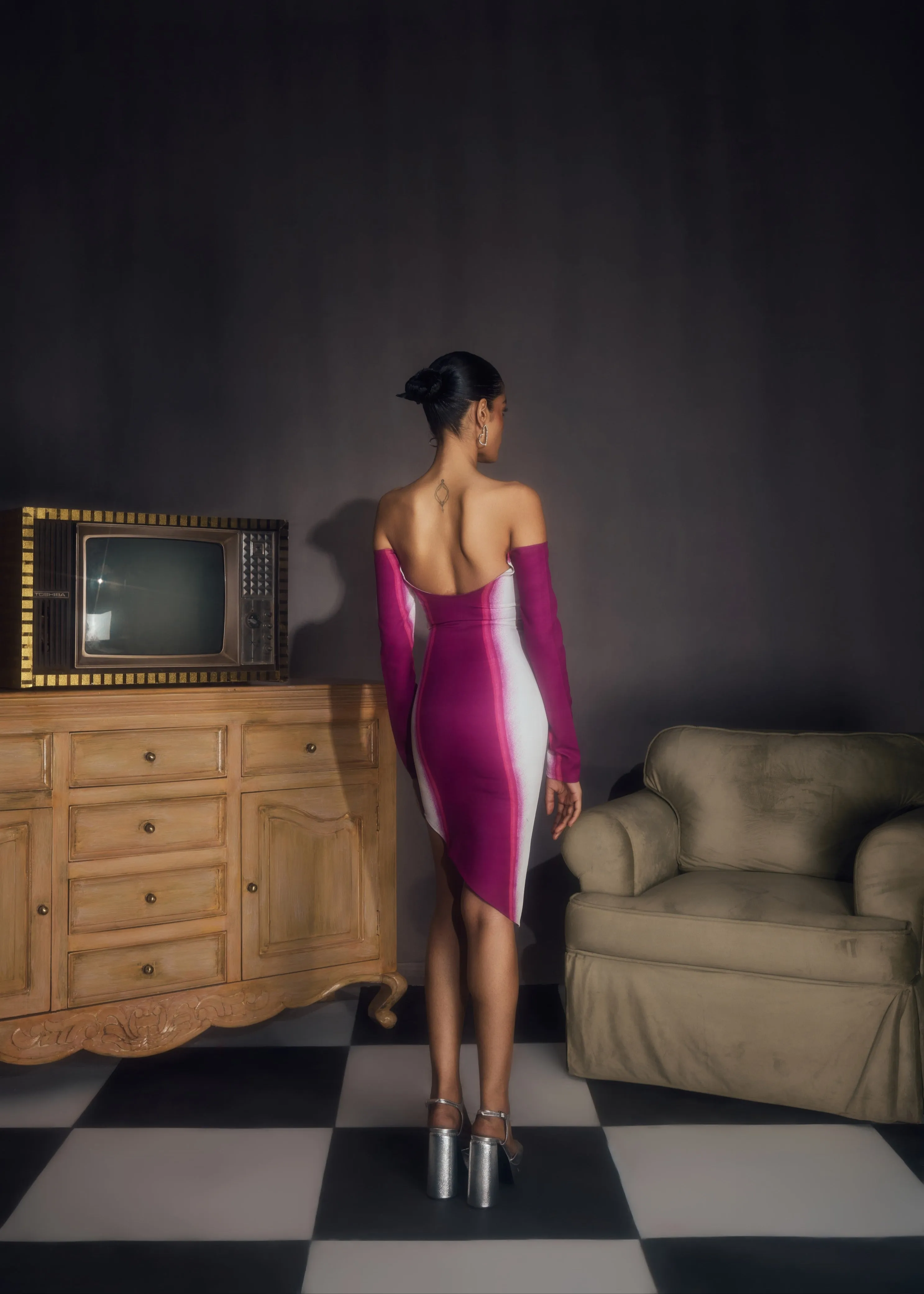 Delilah Pink & White Asymmetric Bodycon Dress
