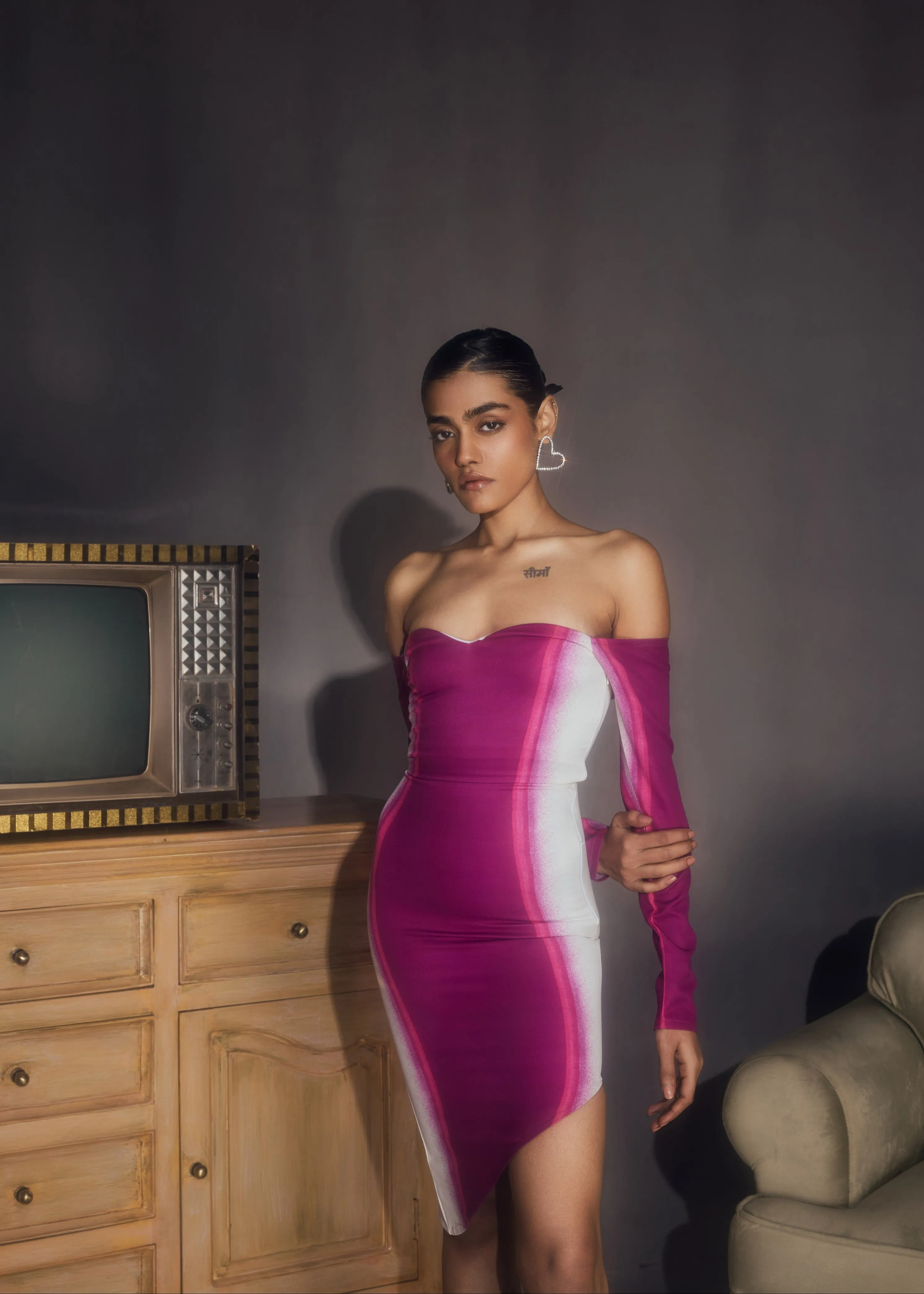 Delilah Pink & White Asymmetric Bodycon Dress