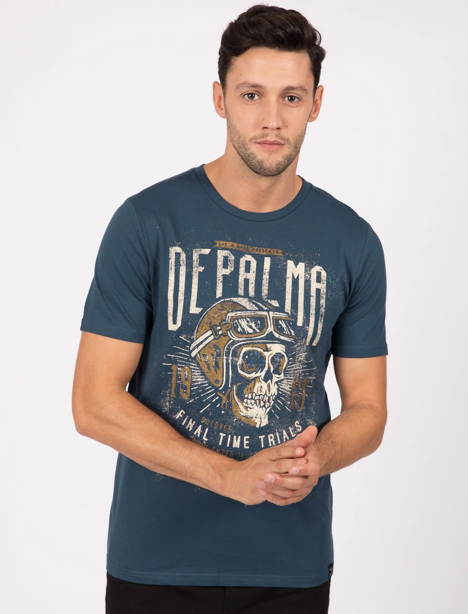 Depalma Motif Cotton Crew Neck T-Shirt In Dark Denim - Tokyo Laundry