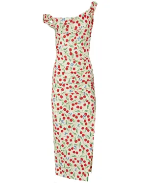 Ecru Cherry Off The Shoulder Ruched Dress
