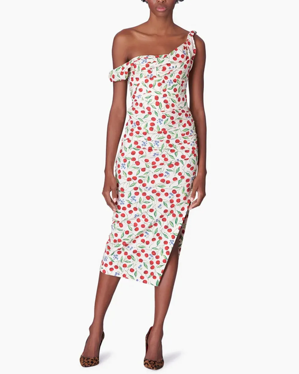 Ecru Cherry Off The Shoulder Ruched Dress