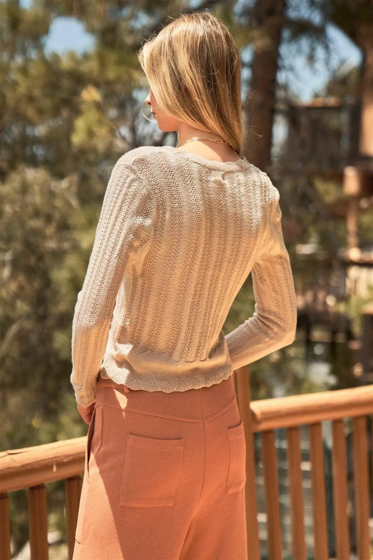 Ecru Pointelle Knit V-Neck Button Down Long Sleeve Cardigan