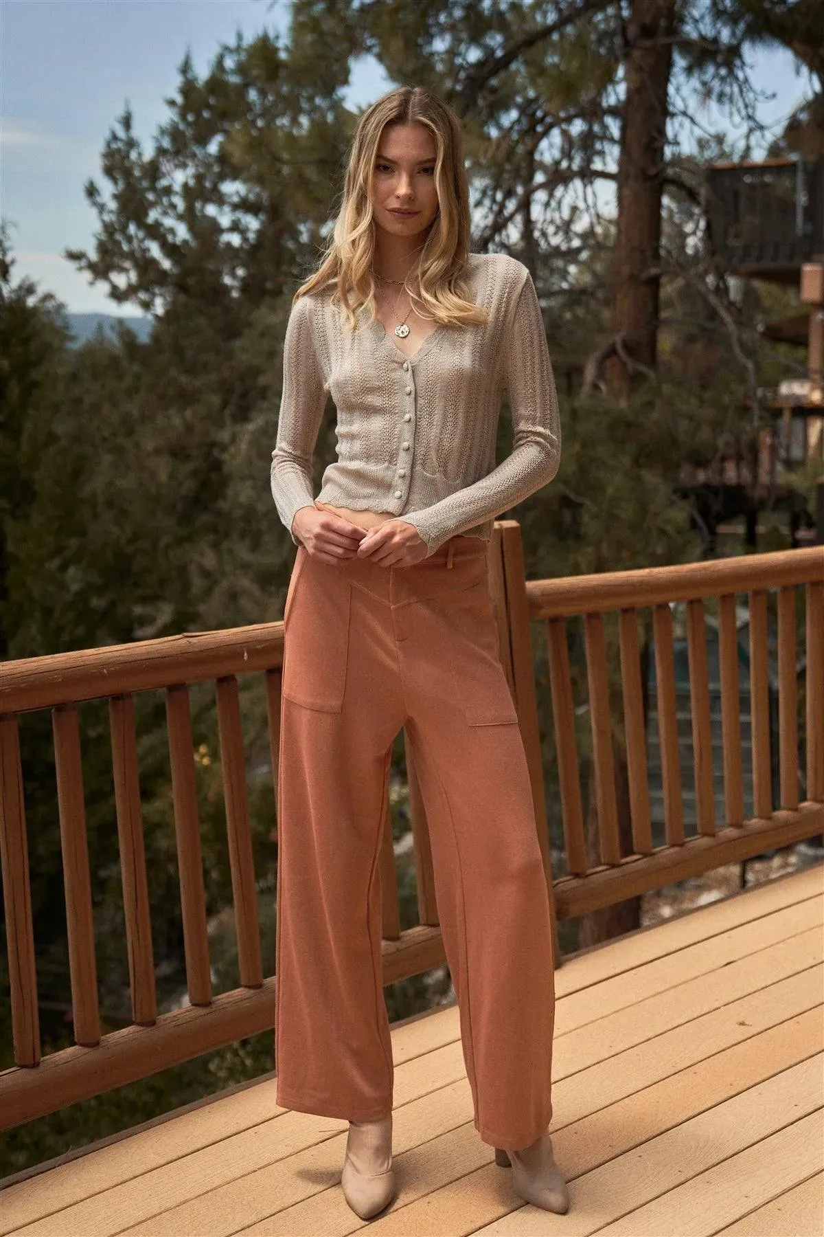 Ecru Pointelle Knit V-Neck Button Down Long Sleeve Cardigan