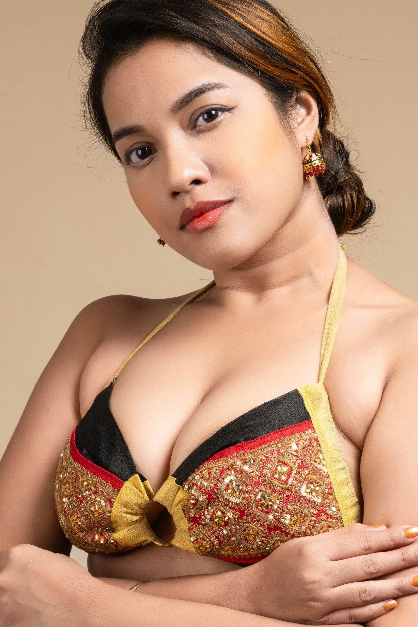 Exclusive Hand Embroidered Black Red Backless Halter Neck Bikini Blouse for Women