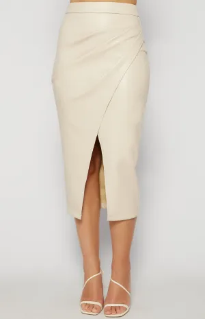Faux Leather Midi Skirt with Side Pleat - Bone