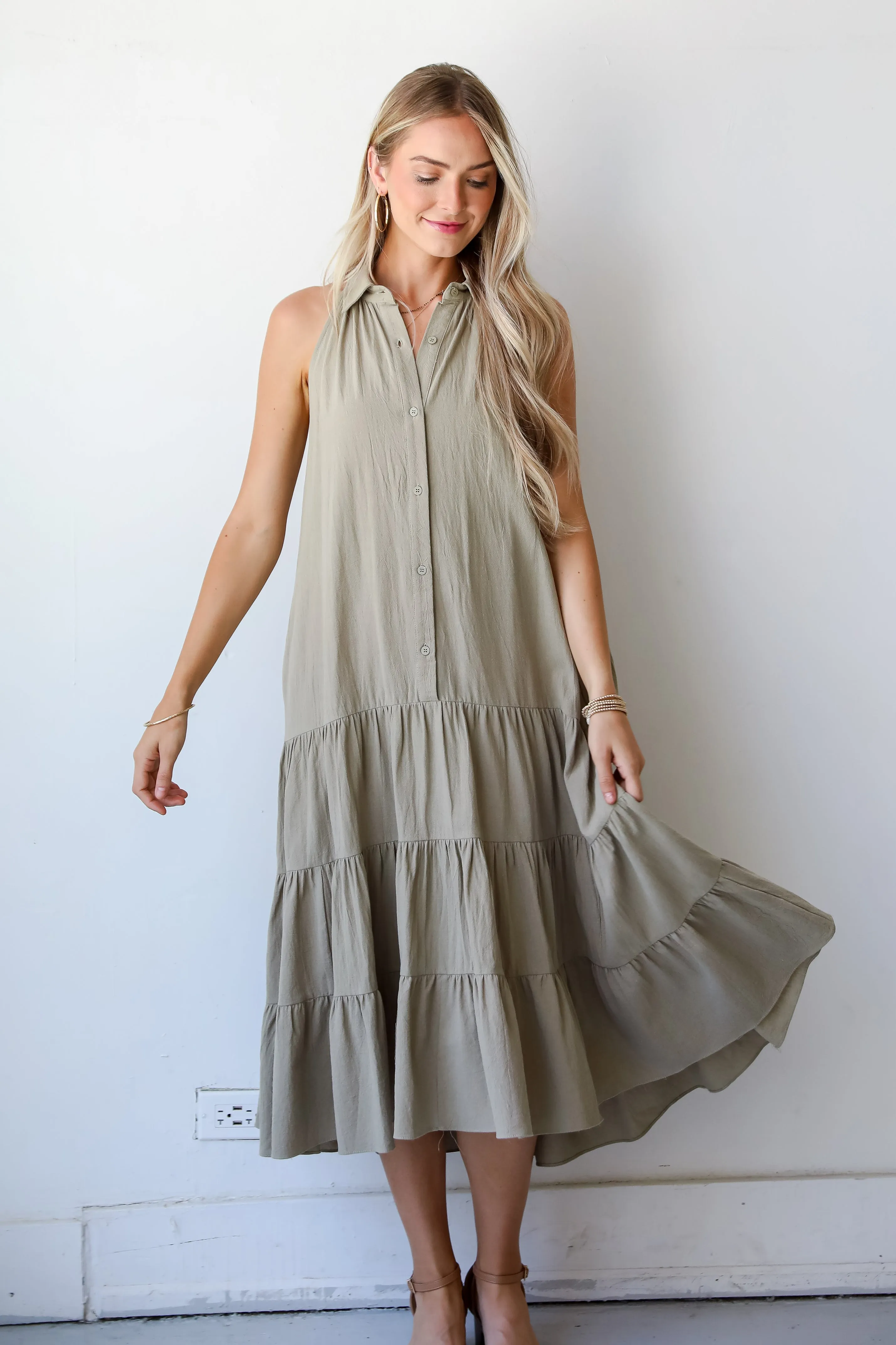 FINAL SALE - Sweet Destiny Light Olive Tiered Midi Dress
