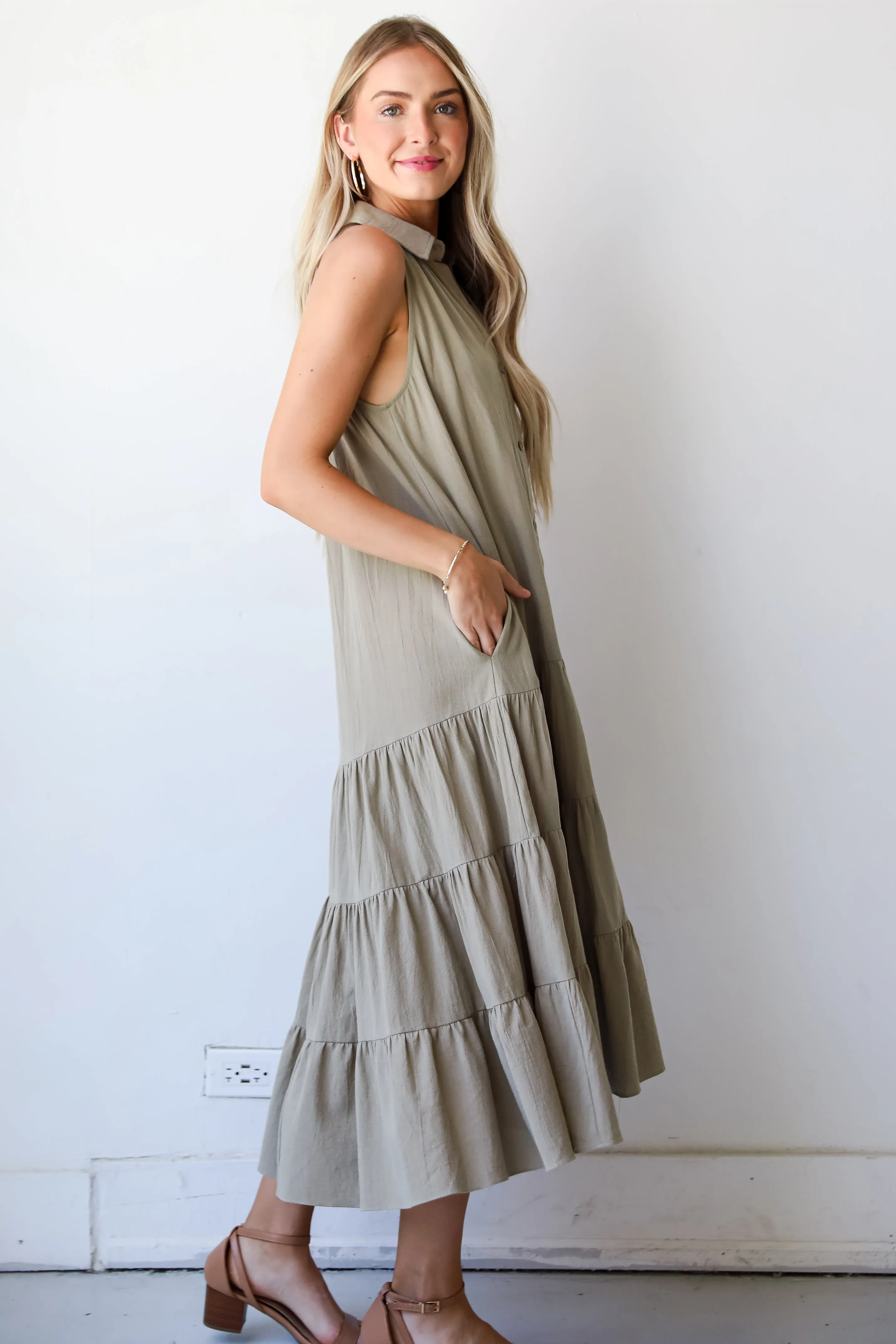 FINAL SALE - Sweet Destiny Light Olive Tiered Midi Dress