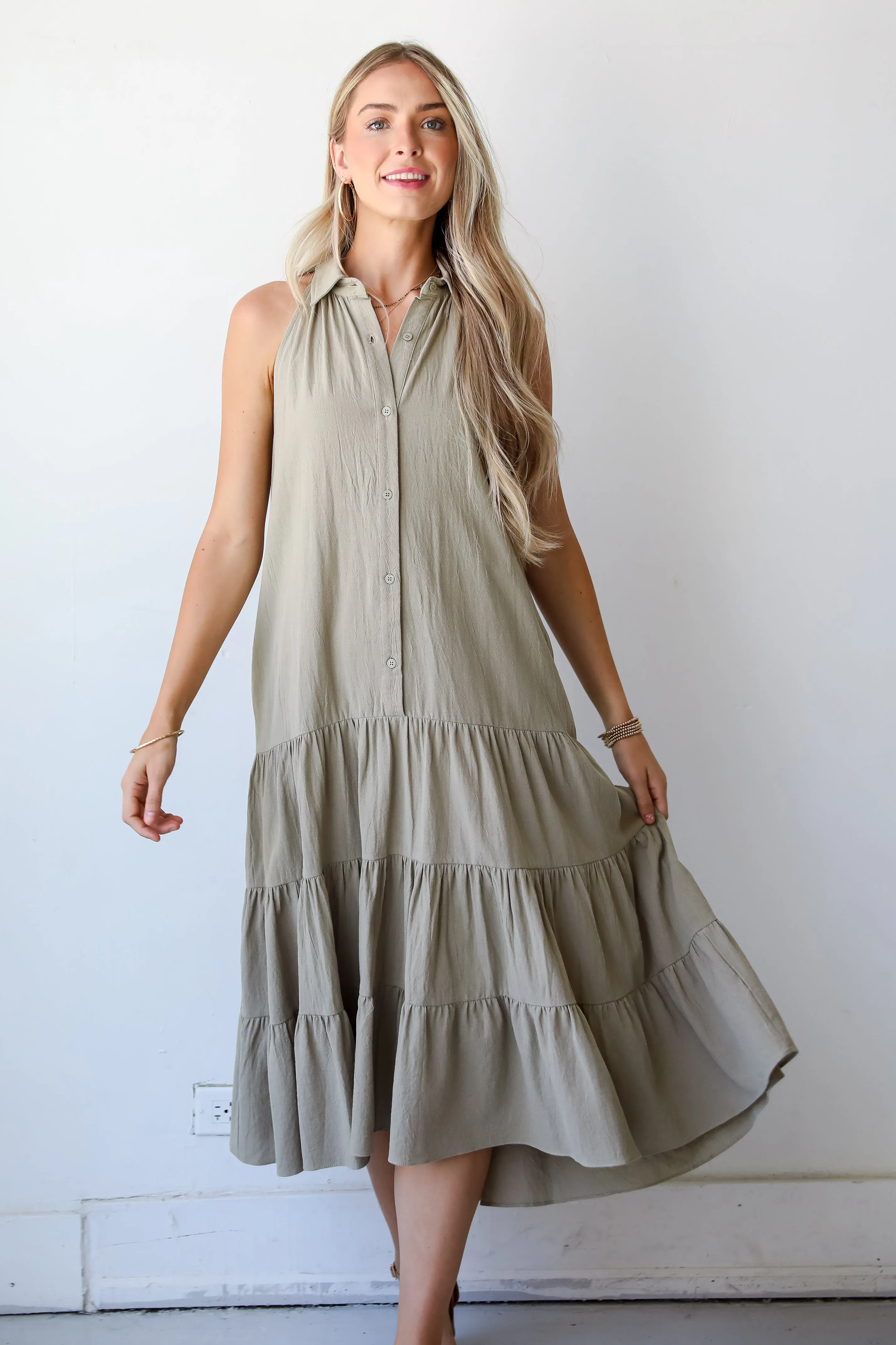 FINAL SALE - Sweet Destiny Light Olive Tiered Midi Dress