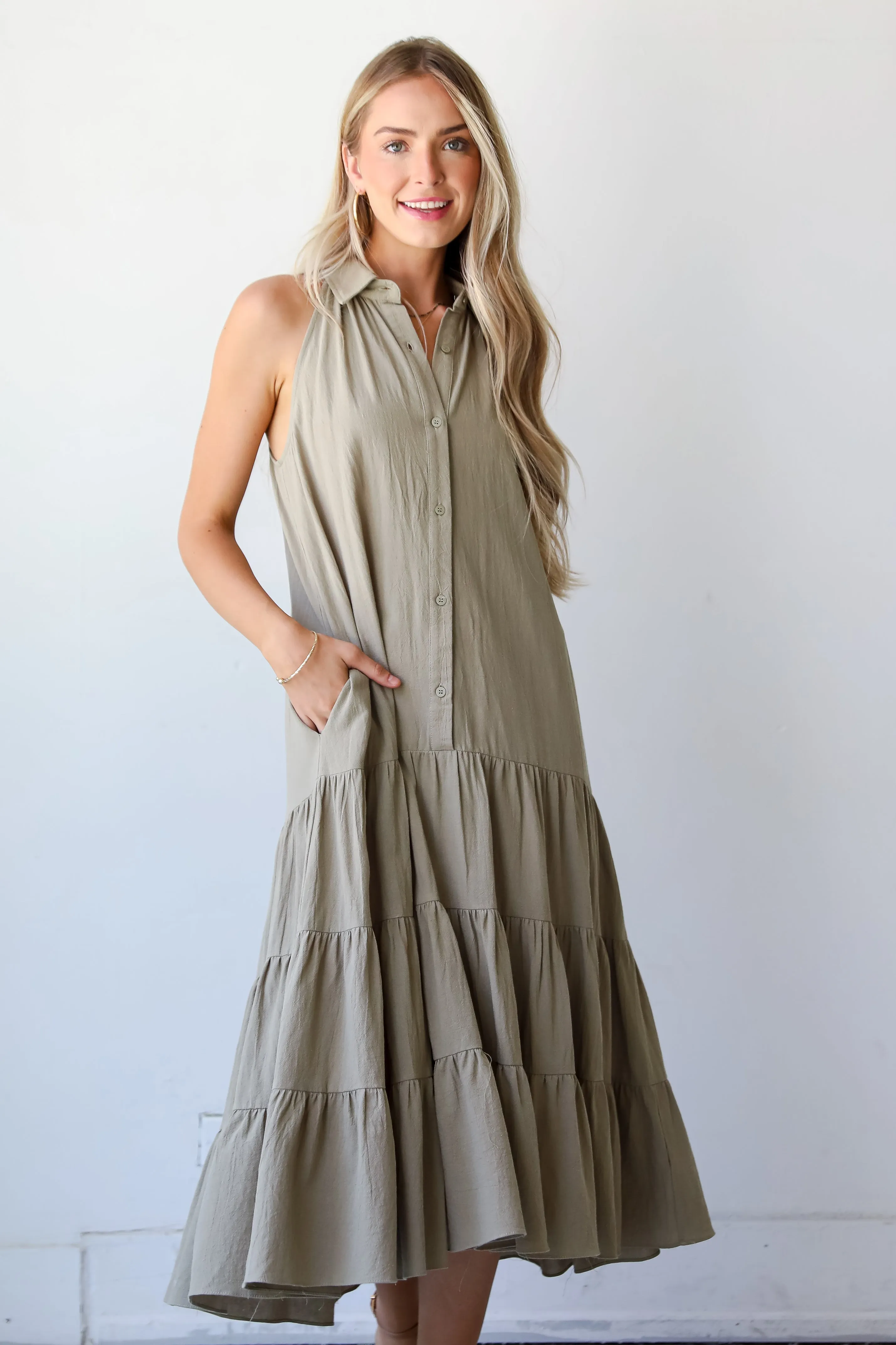 FINAL SALE - Sweet Destiny Light Olive Tiered Midi Dress