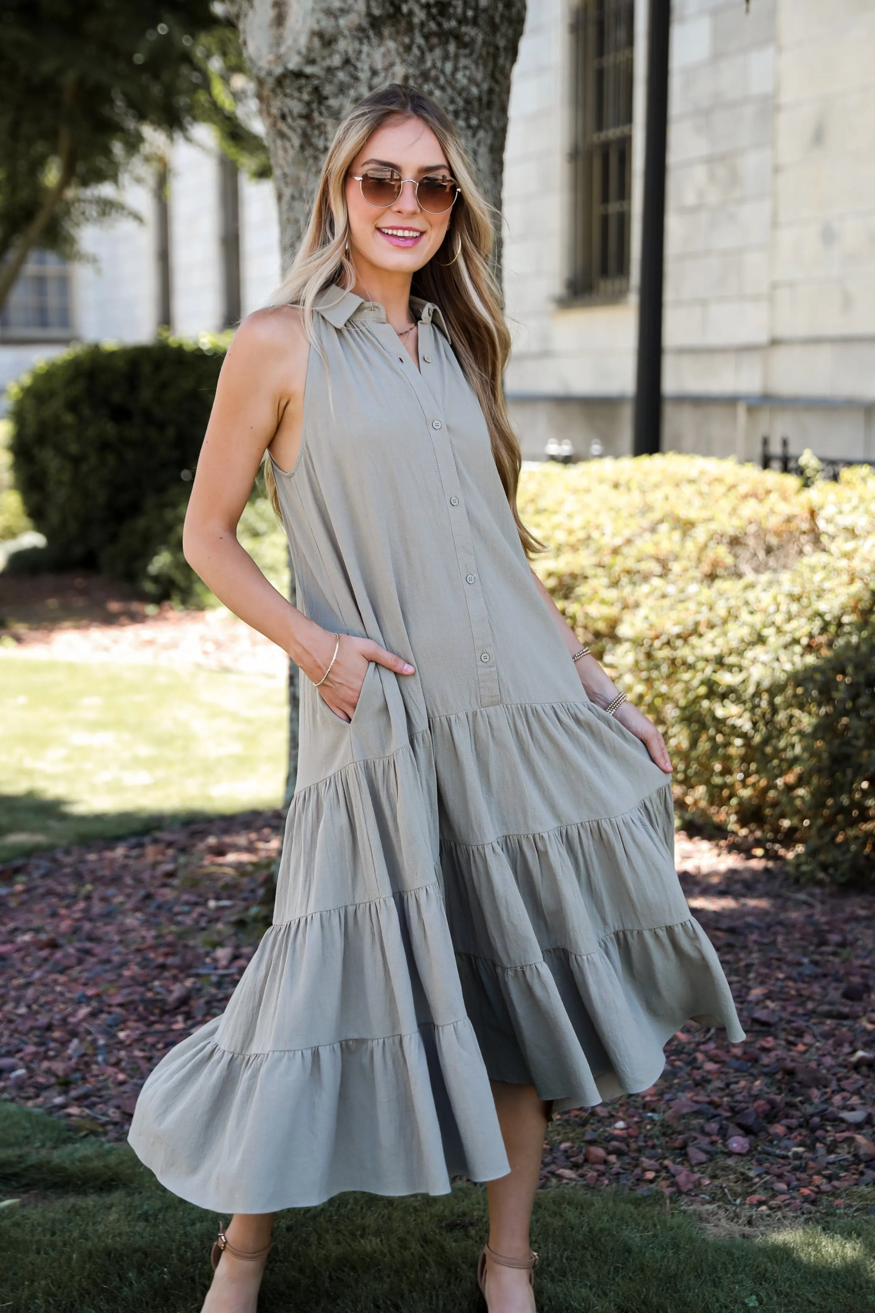 FINAL SALE - Sweet Destiny Light Olive Tiered Midi Dress