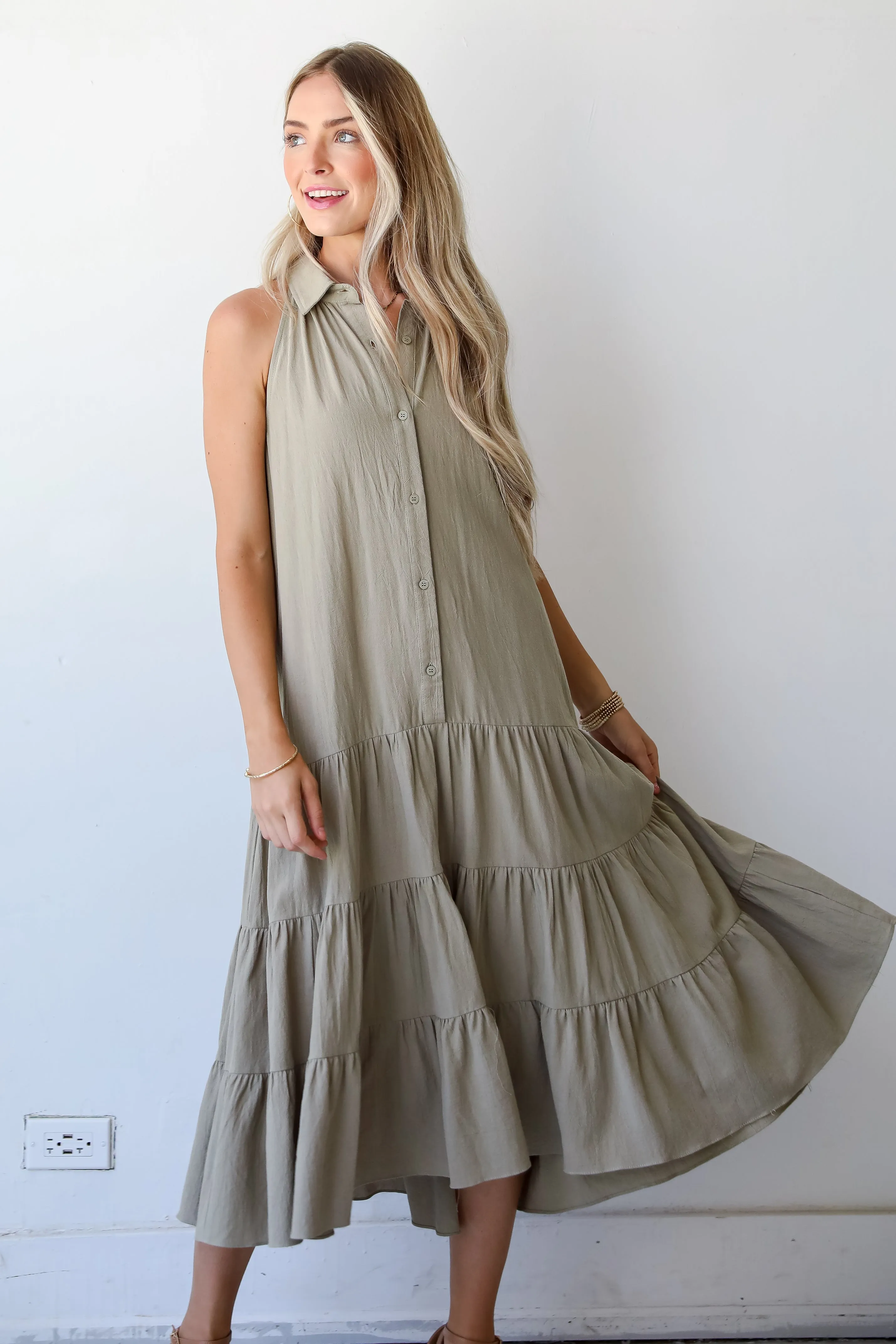 FINAL SALE - Sweet Destiny Light Olive Tiered Midi Dress