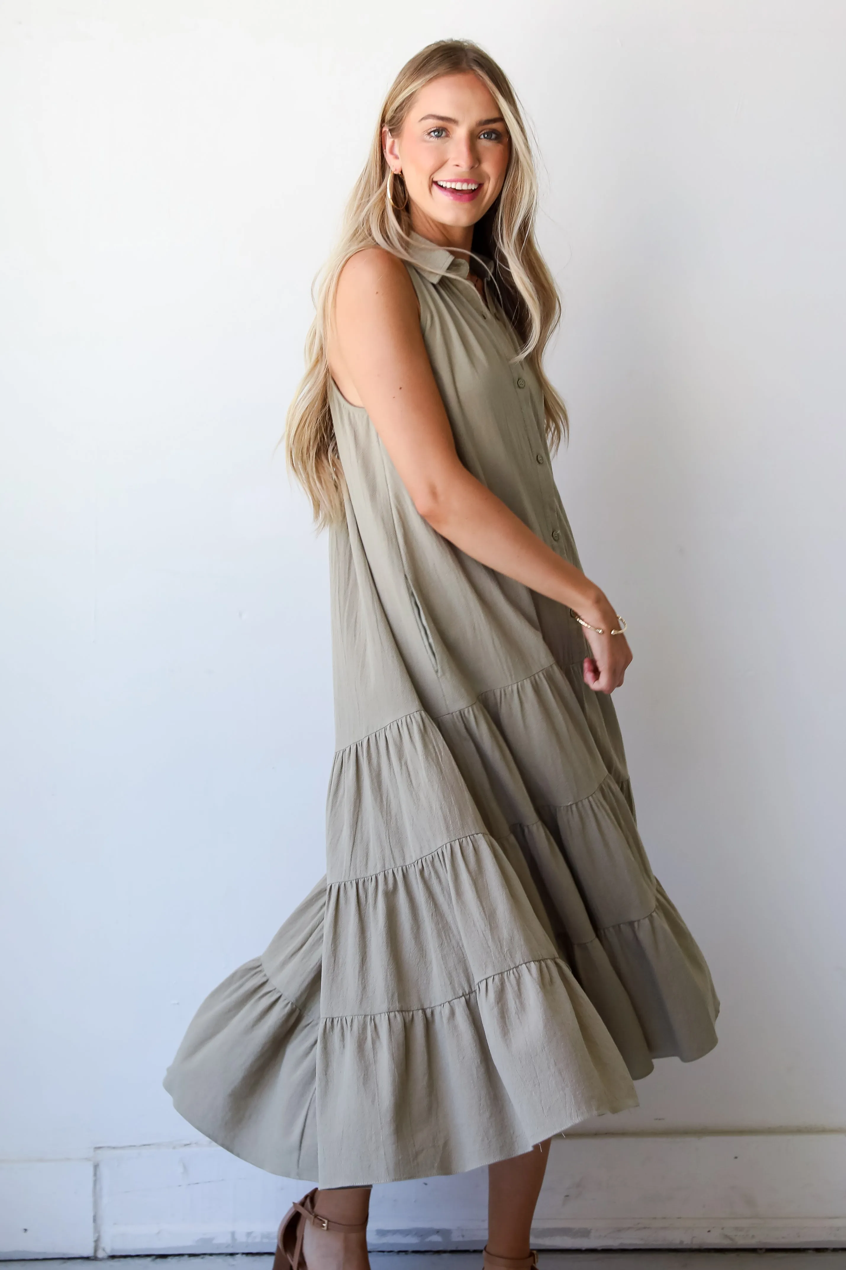 FINAL SALE - Sweet Destiny Light Olive Tiered Midi Dress