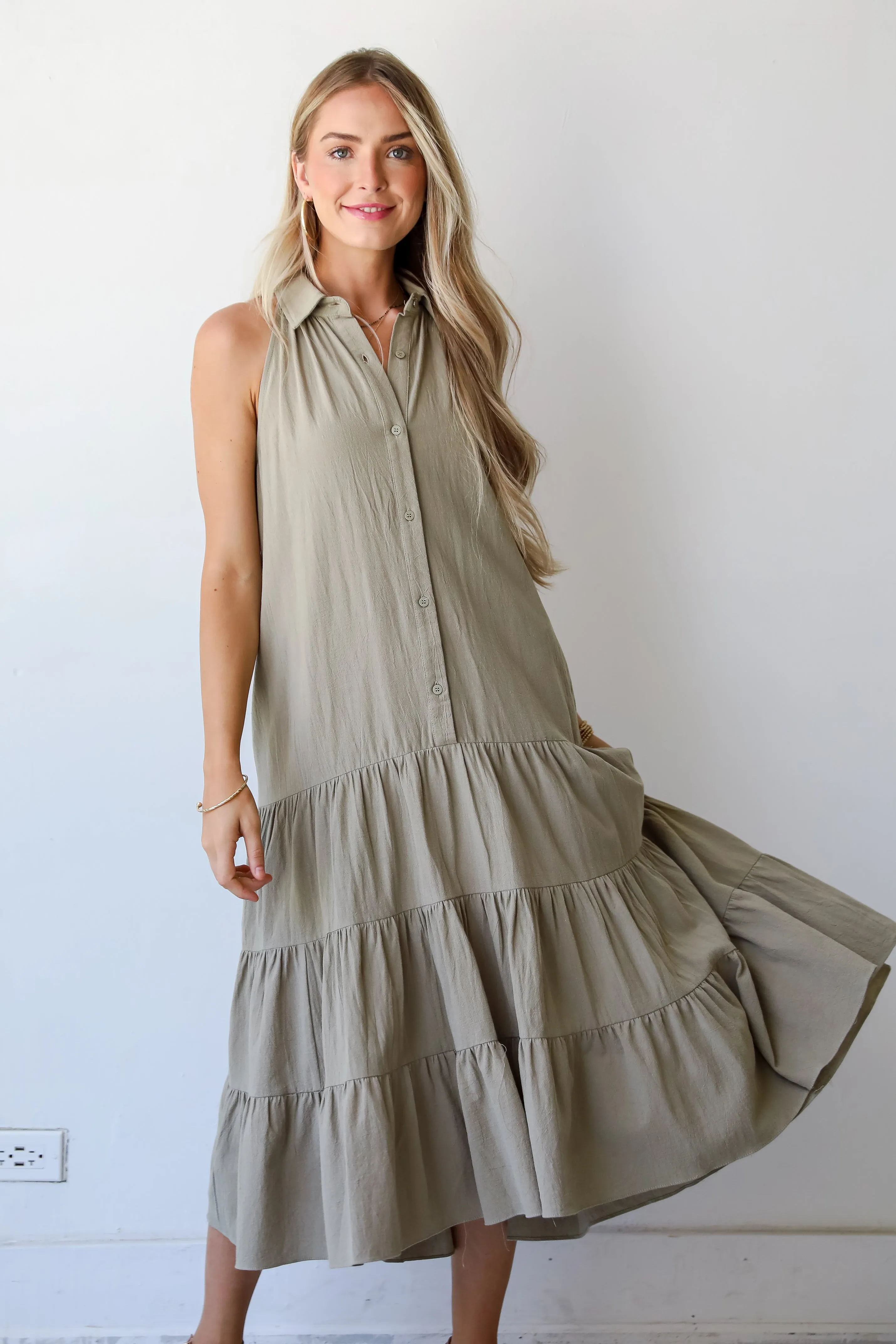FINAL SALE - Sweet Destiny Light Olive Tiered Midi Dress