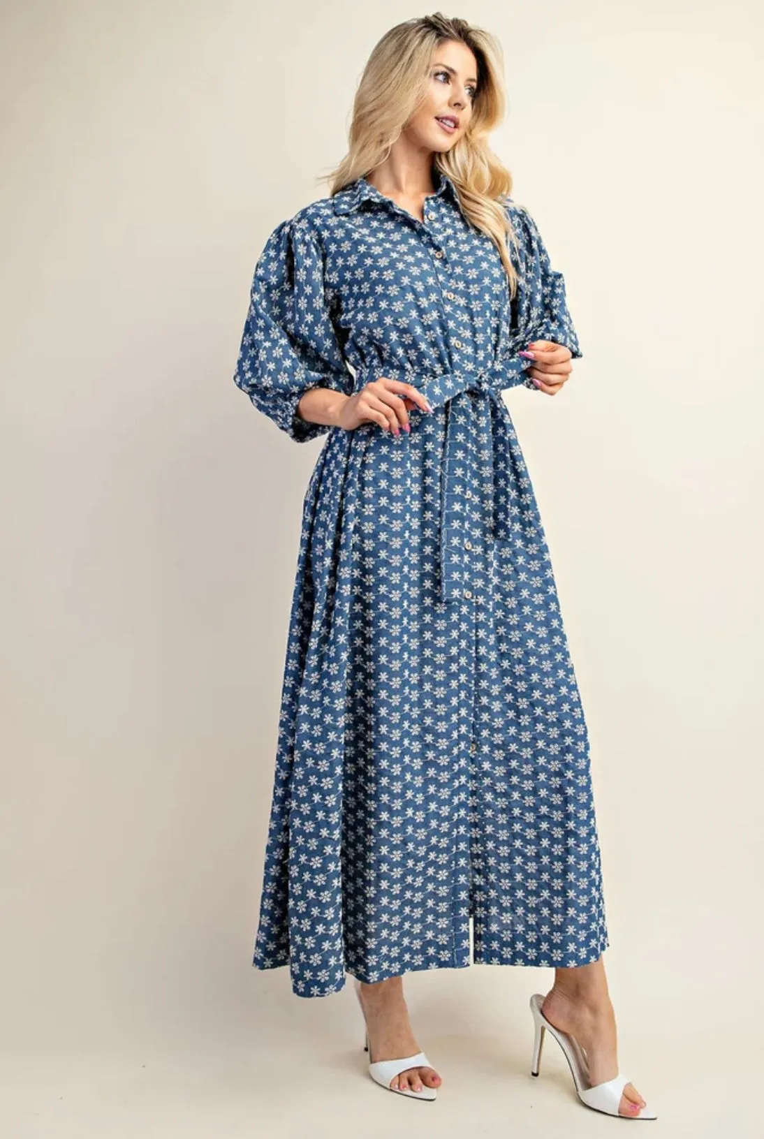 Floral Embroidery Button Down Dress