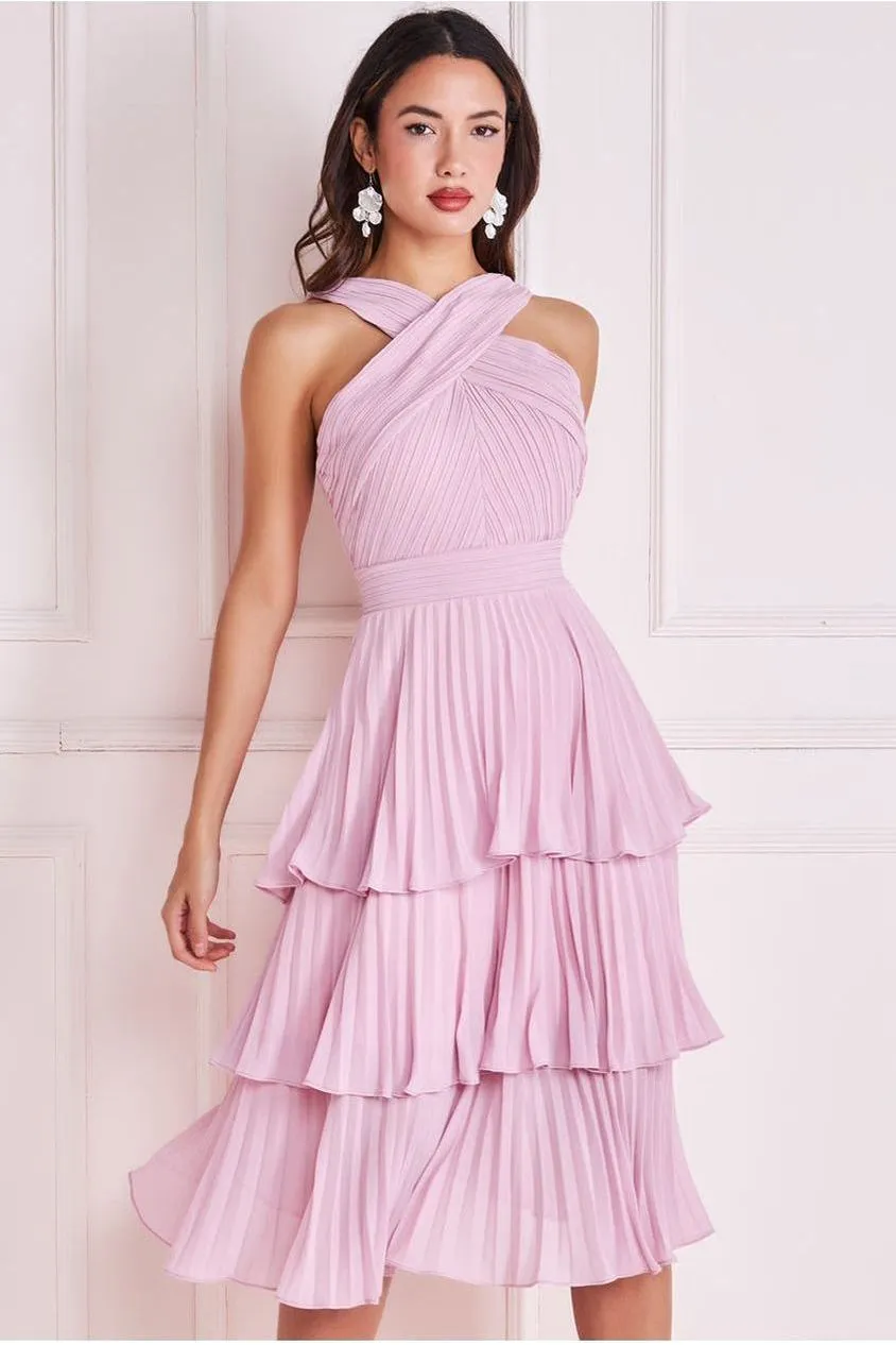 Goddiva Pleated Bodice Chiffon Tiered Midi - Pink