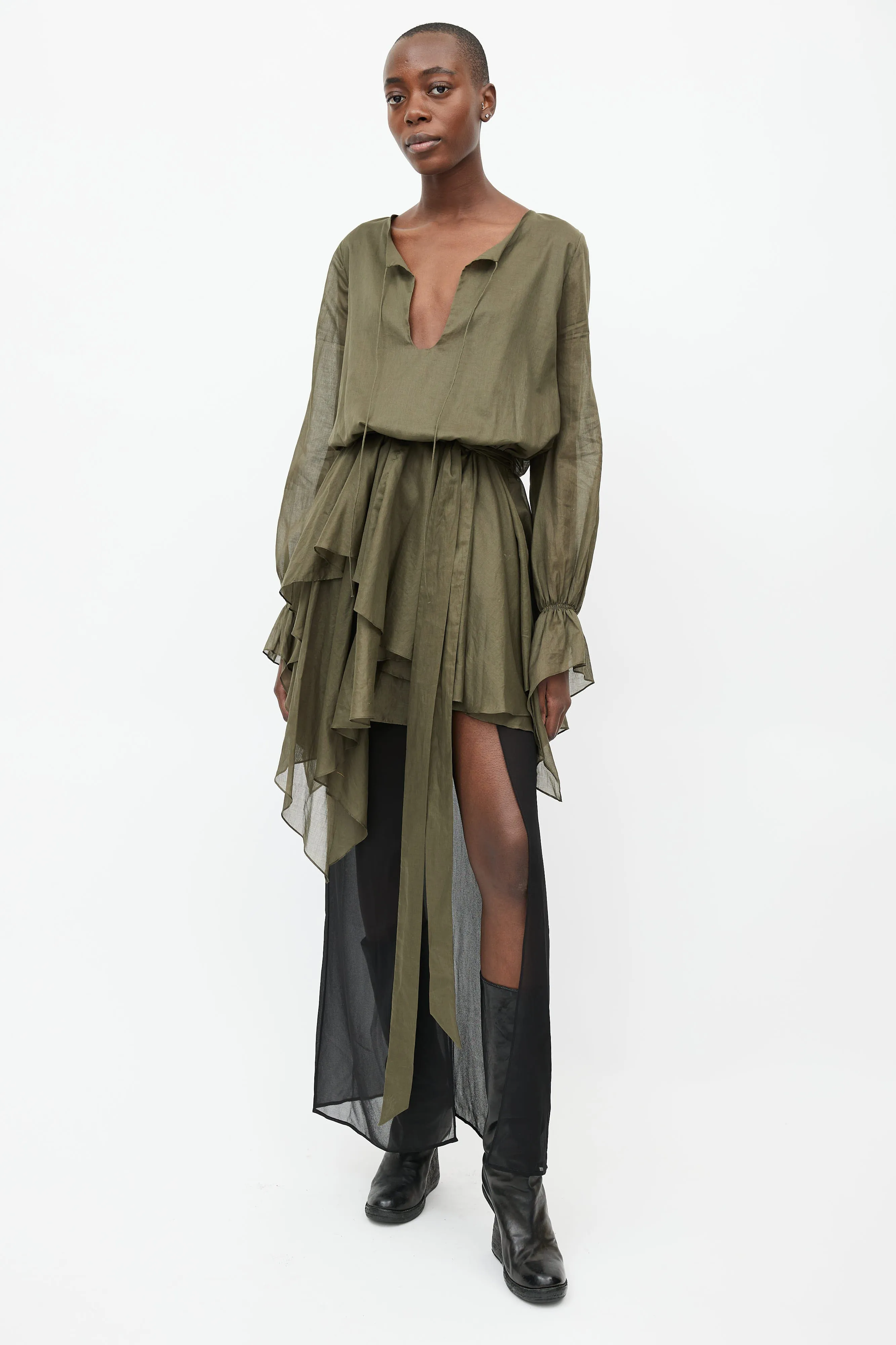 Green Belted Asymmetrical Dress