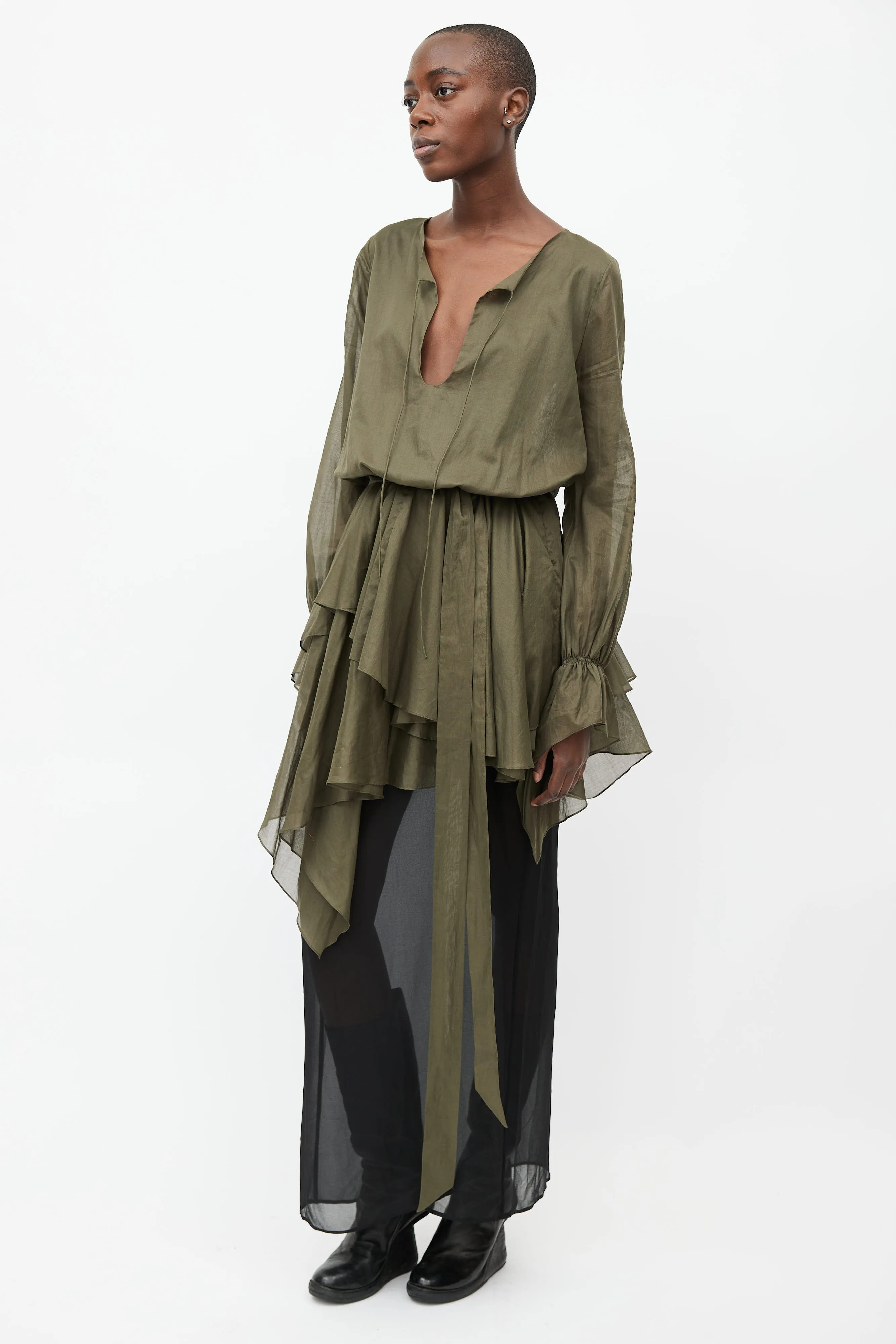 Green Belted Asymmetrical Dress
