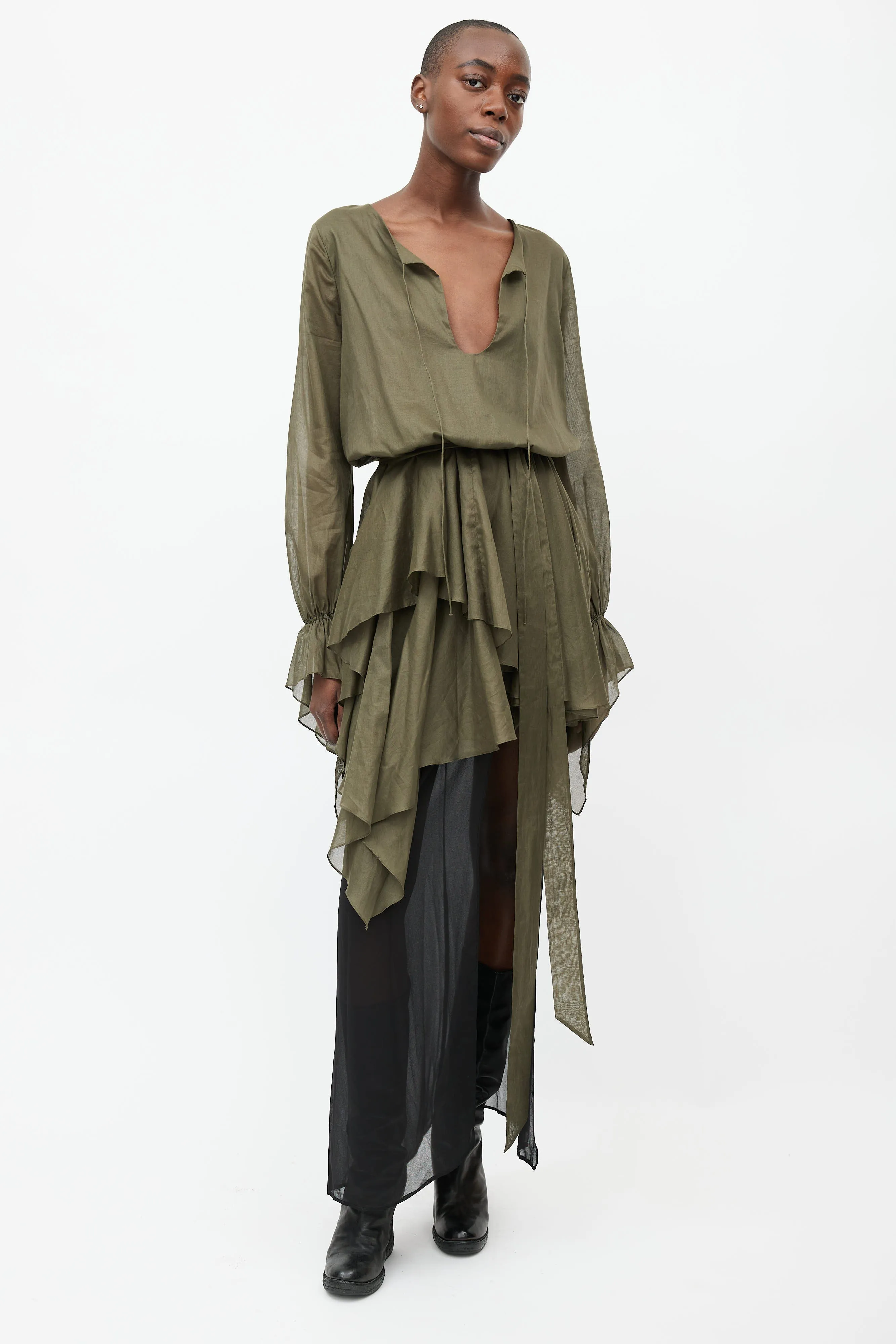 Green Belted Asymmetrical Dress