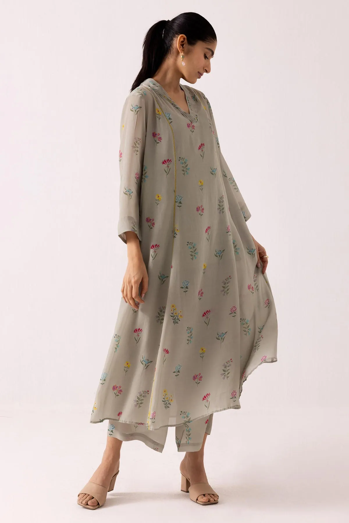 Green Pintuck V-Neck Kurta Set