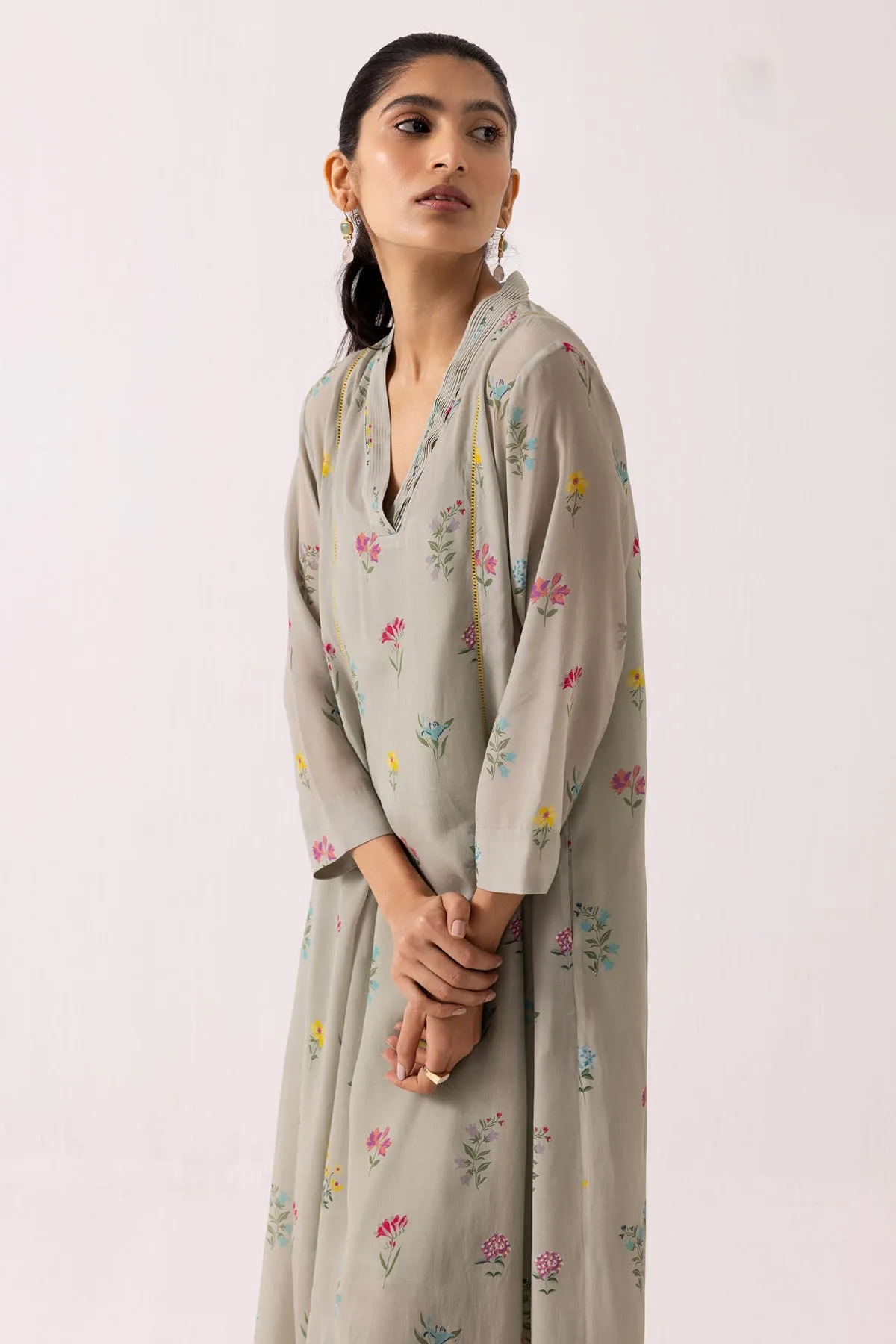 Green Pintuck V-Neck Kurta Set