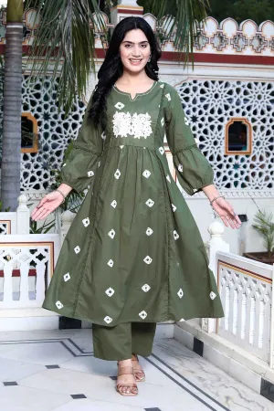 Green Printed Flared Kurta Set