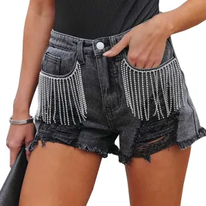 High Waist Rhinestone Chain Black Denim Shorts
