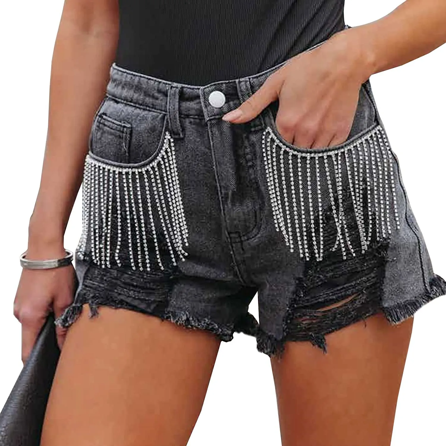 High Waist Rhinestone Chain Black Denim Shorts