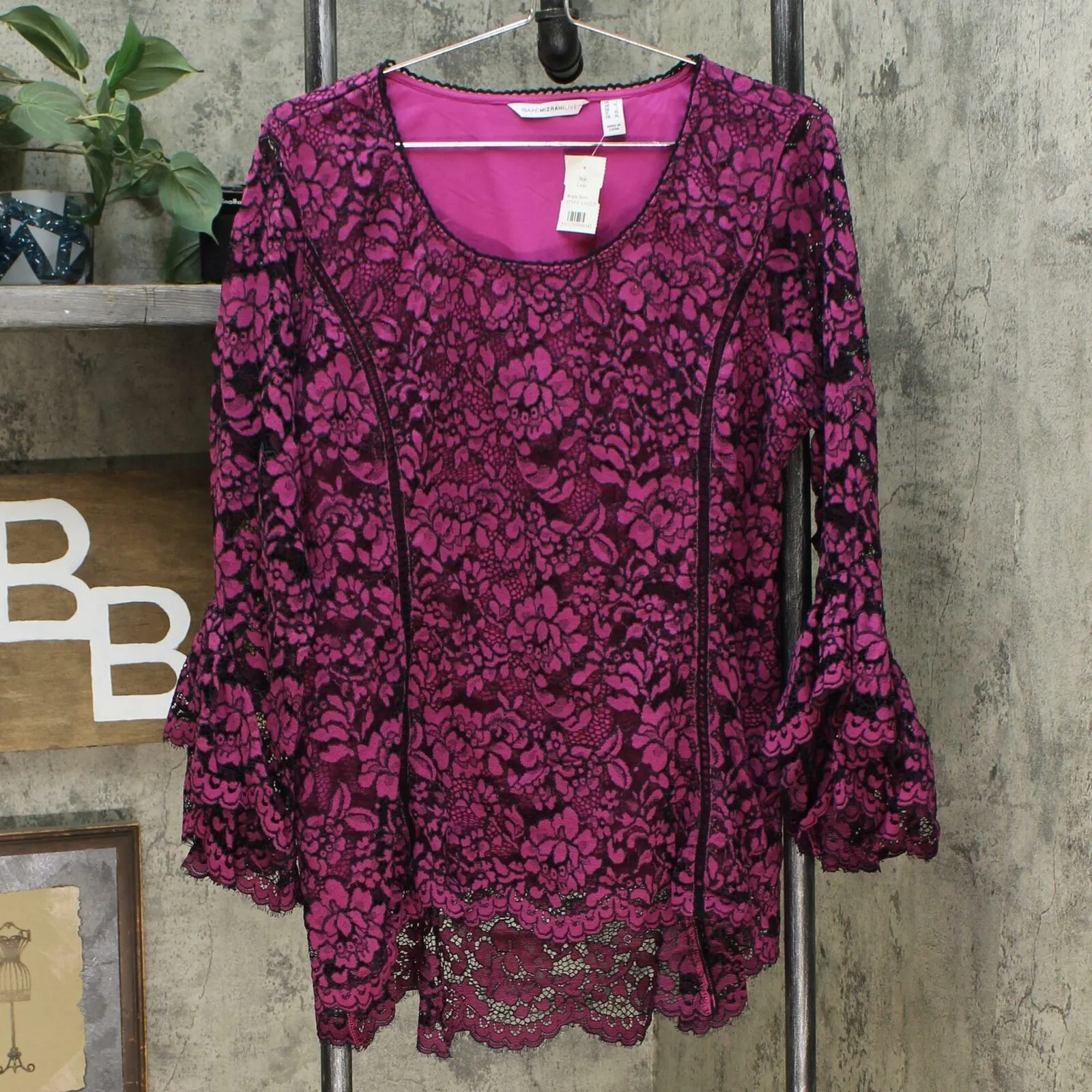 Isaac Mizrahi Live! Women's Bi-Color Lace Knit Top with Tiered Bell Sleeves