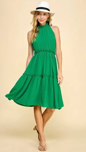 Julia High Neck Tiered Midi Dress Kelly Green