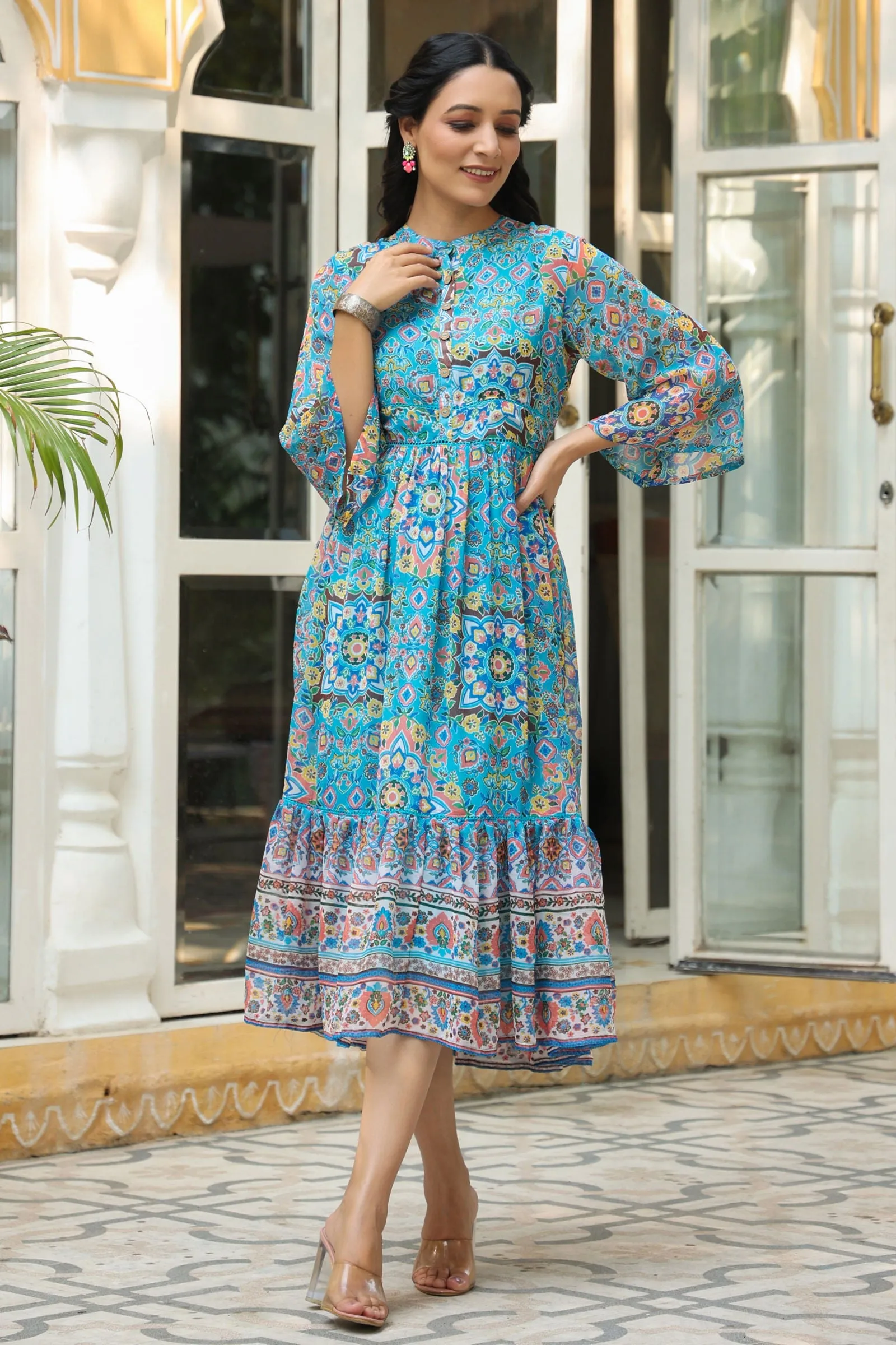 Juniper Aqua Blue Geometric Printed Chiffon Tiered Maxi Dress With Buttons.