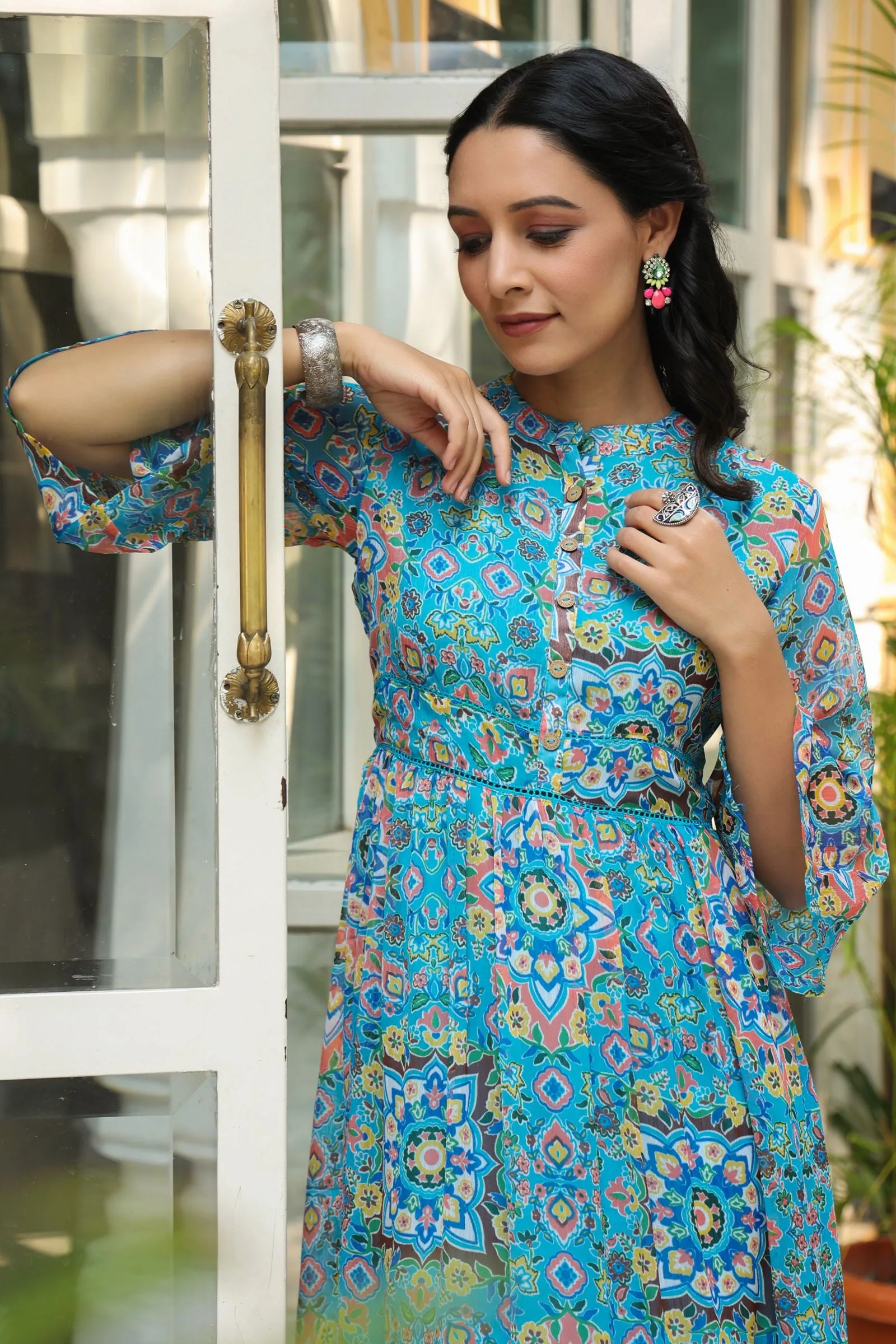 Juniper Aqua Blue Geometric Printed Chiffon Tiered Maxi Dress With Buttons.
