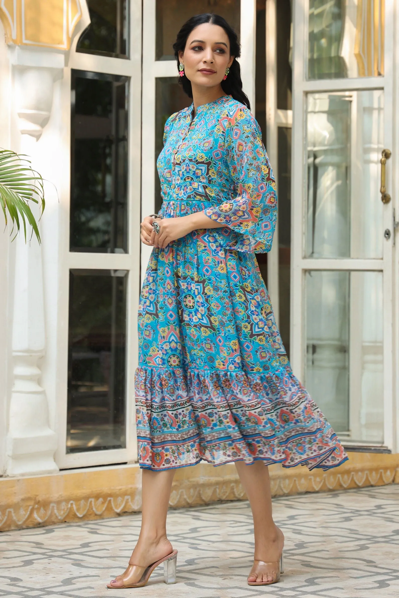 Juniper Aqua Blue Geometric Printed Chiffon Tiered Maxi Dress With Buttons.