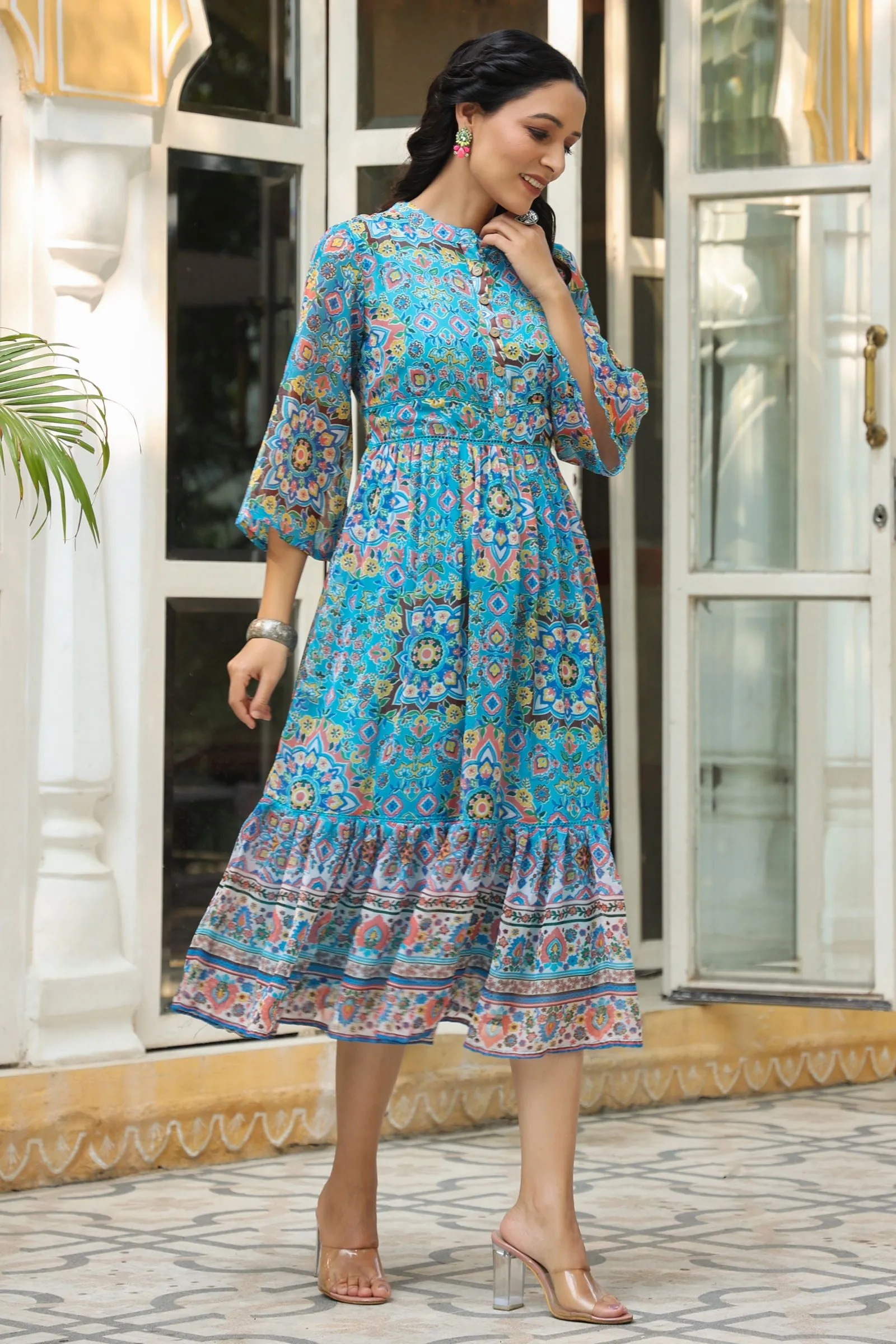 Juniper Aqua Blue Geometric Printed Chiffon Tiered Maxi Dress With Buttons.