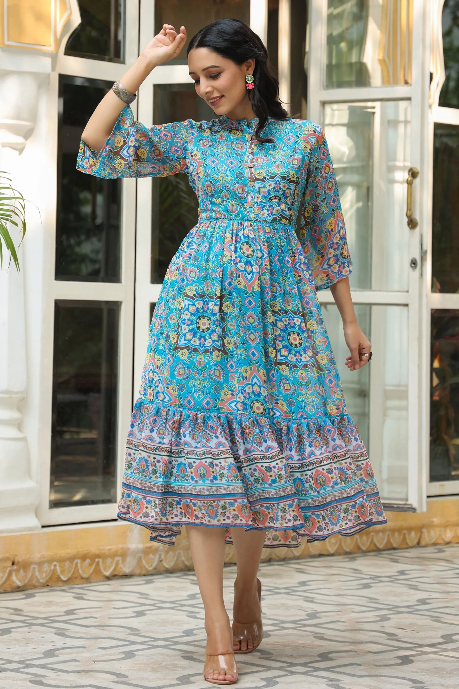 Juniper Aqua Blue Geometric Printed Chiffon Tiered Maxi Dress With Buttons.