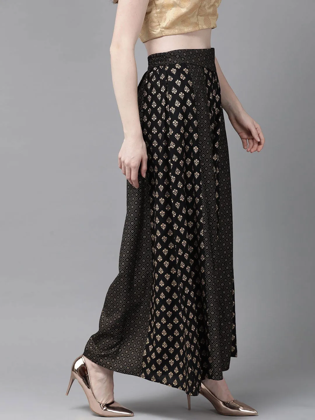 Juniper Black Rayon Ethnic Motif Printed Ankle-Length Flared Kalidar Women Palazzo With One Pocket