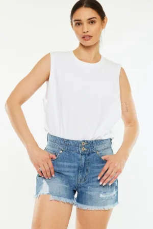 Kancan High Waisted Raw Hem Blue Denim Jean Shorts