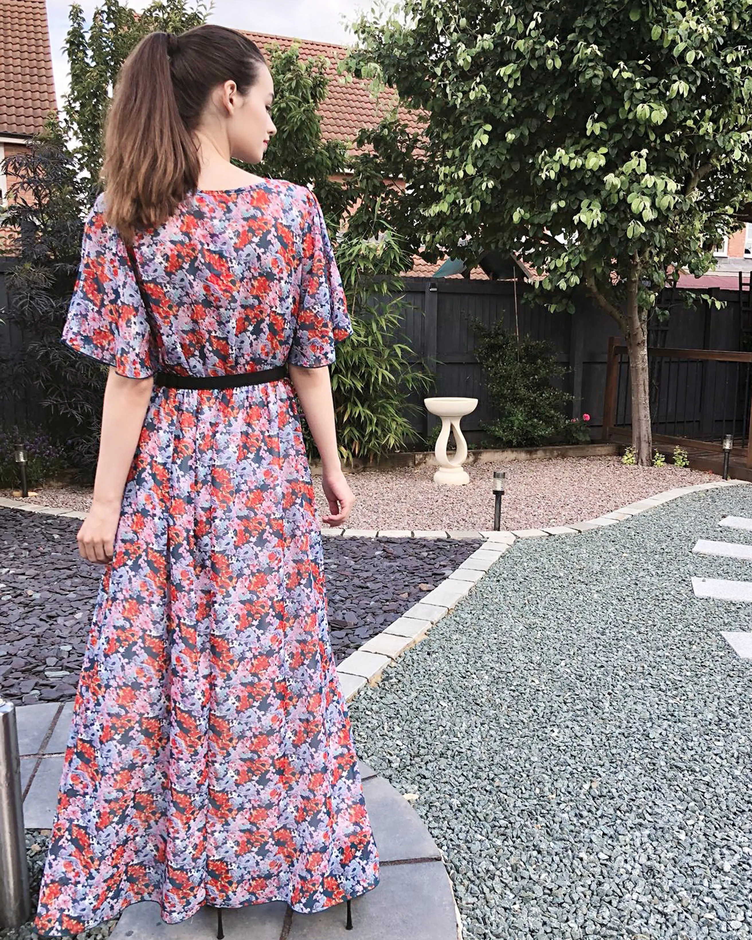Lady Orange Floral Print Chiffon Wrap Maxi Dress