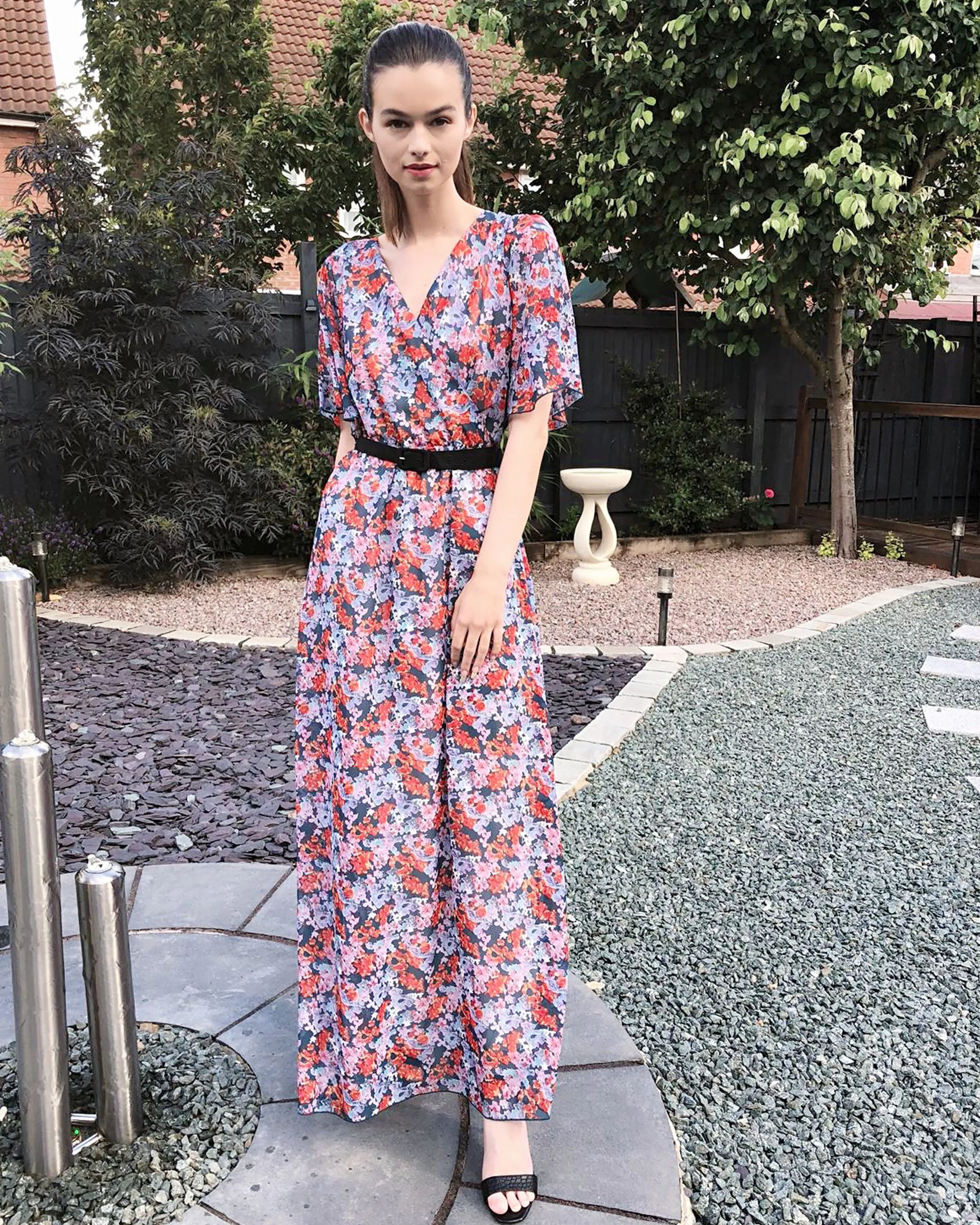 Lady Orange Floral Print Chiffon Wrap Maxi Dress